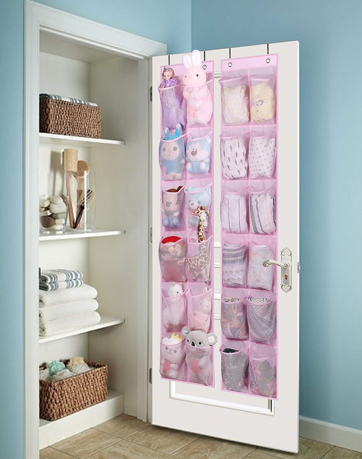 MISSLO Kids over the Door Shoe Organizer Baby Hanging Shoe Rack Narrow Closet Storage Bags with 12 Mesh Pockets for Girl Women Men Toddler Nursery, 2 Packs, Pink