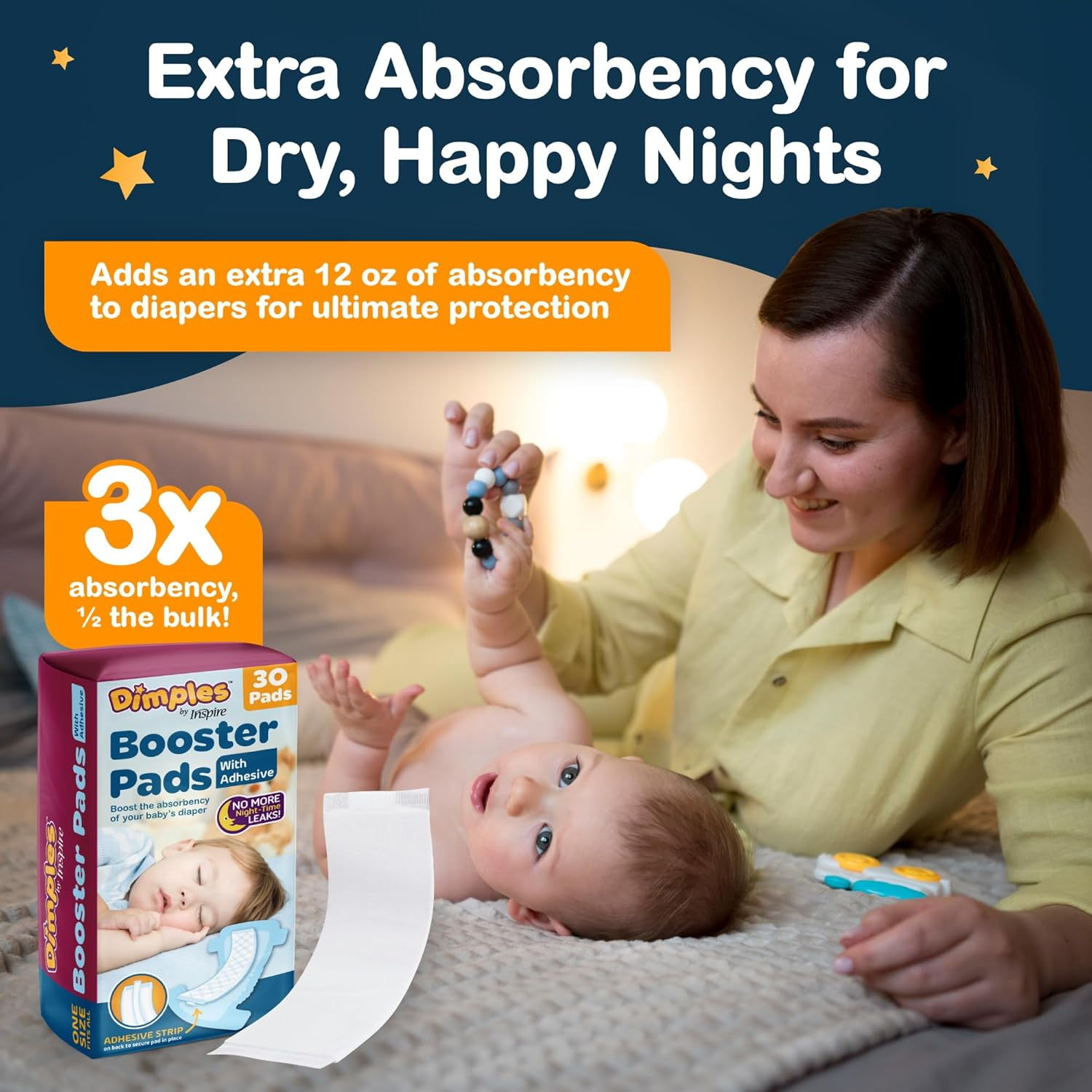 Dimples Booster Pads, Baby Diaper Doubler with Adhesive - 1 Size Fits All Diapers - Boosts Diaper Absorbency - No More Leaks 90 Count (With Adhesive for Secure Fit) image number 5