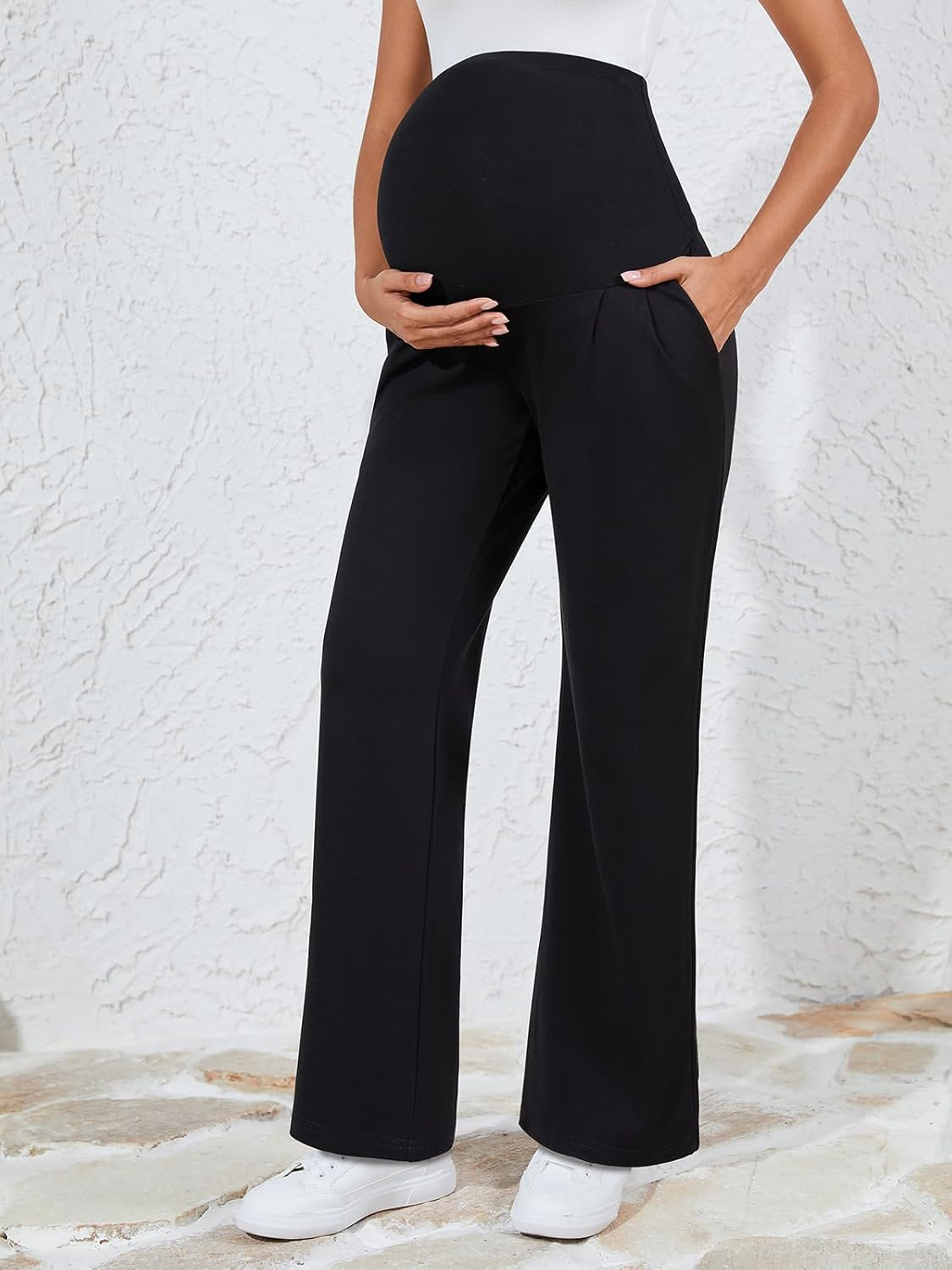 Ecavus Women'S Wide Leg Maternity Pants with Pockets - Stretchy over the Belly Pregnancy Casual and Work Trousers image number 5