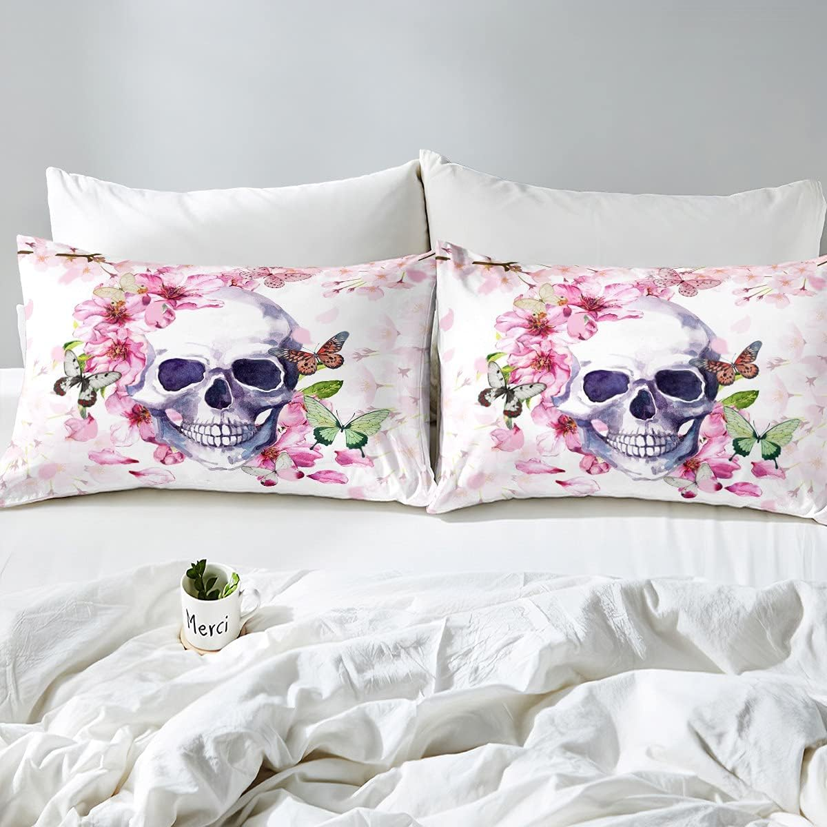 Feelingyou Gothic Skull Duvet Cover Set 135 X 200 Cm, Pink Flowers Floral Print Comforter Cover for Children Boys, Colourful Butterfly Bedding Set with 1 Pillowcase Bedspread image number 2