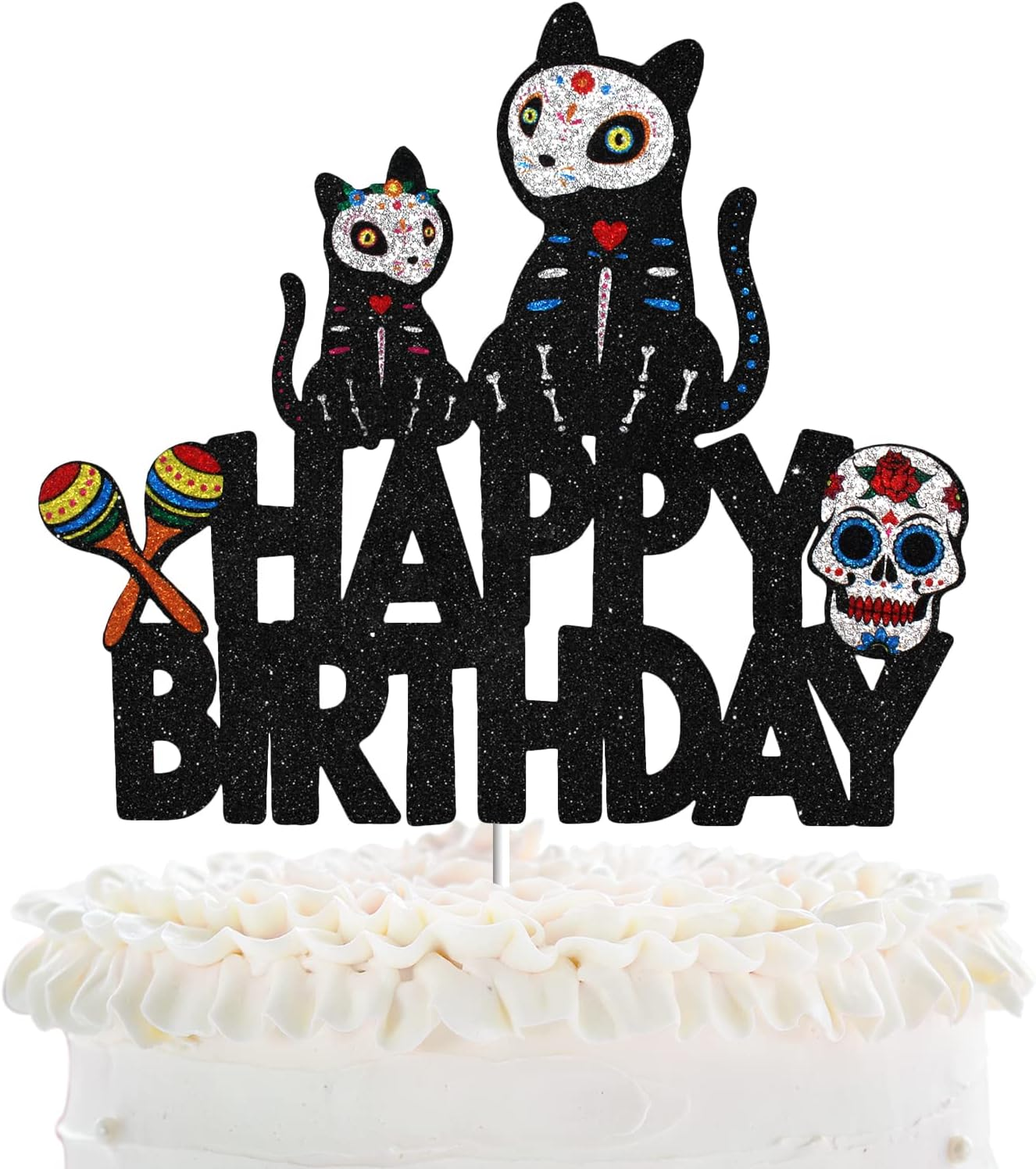 Halloween Sugar Skull Cat Happy Birthday Cake Topper - Halloween Skeleton Day of the Death Cake Topper Supplies - Gothic Mr Mrs Wedding Party Decoration image number 4