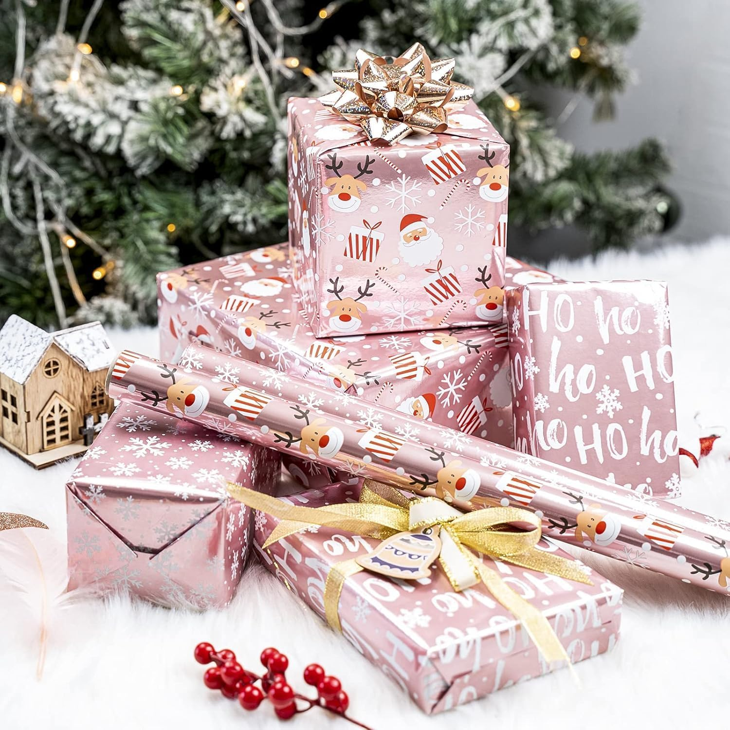 Pink Metallic Christmas Wrapping Paper Santa/Snowflakes/Ho Print | Recyclable Foil Gift Wrap for Beach Xmas, Office Kris Kringles & Last-Minute Presents (3 Rolls,43.2Cm X 3M) image number 1