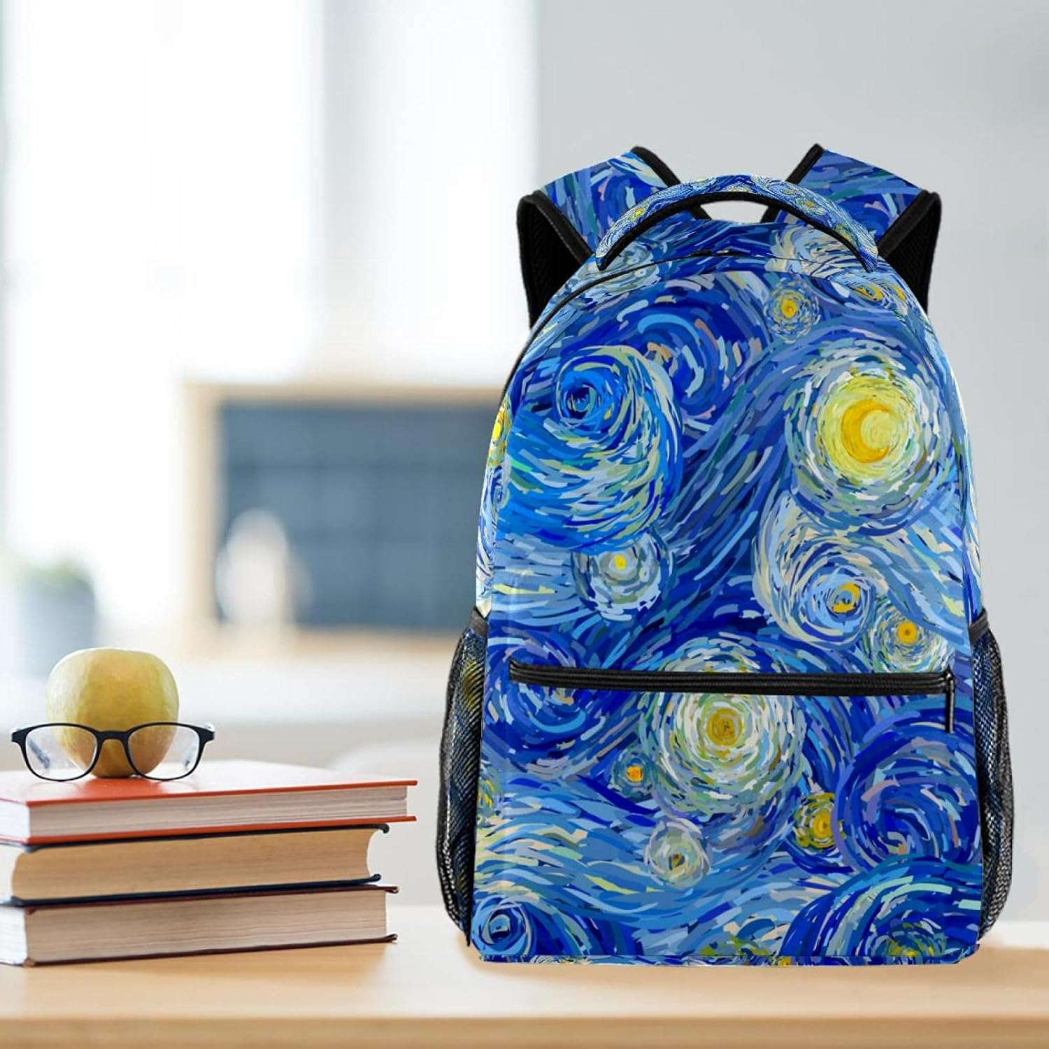 Night Sky with Swirly Clouds Stars and Glowing Moon Backpack Students Shoulder Bags Travel Bag College School Tote Backpacks image number 2