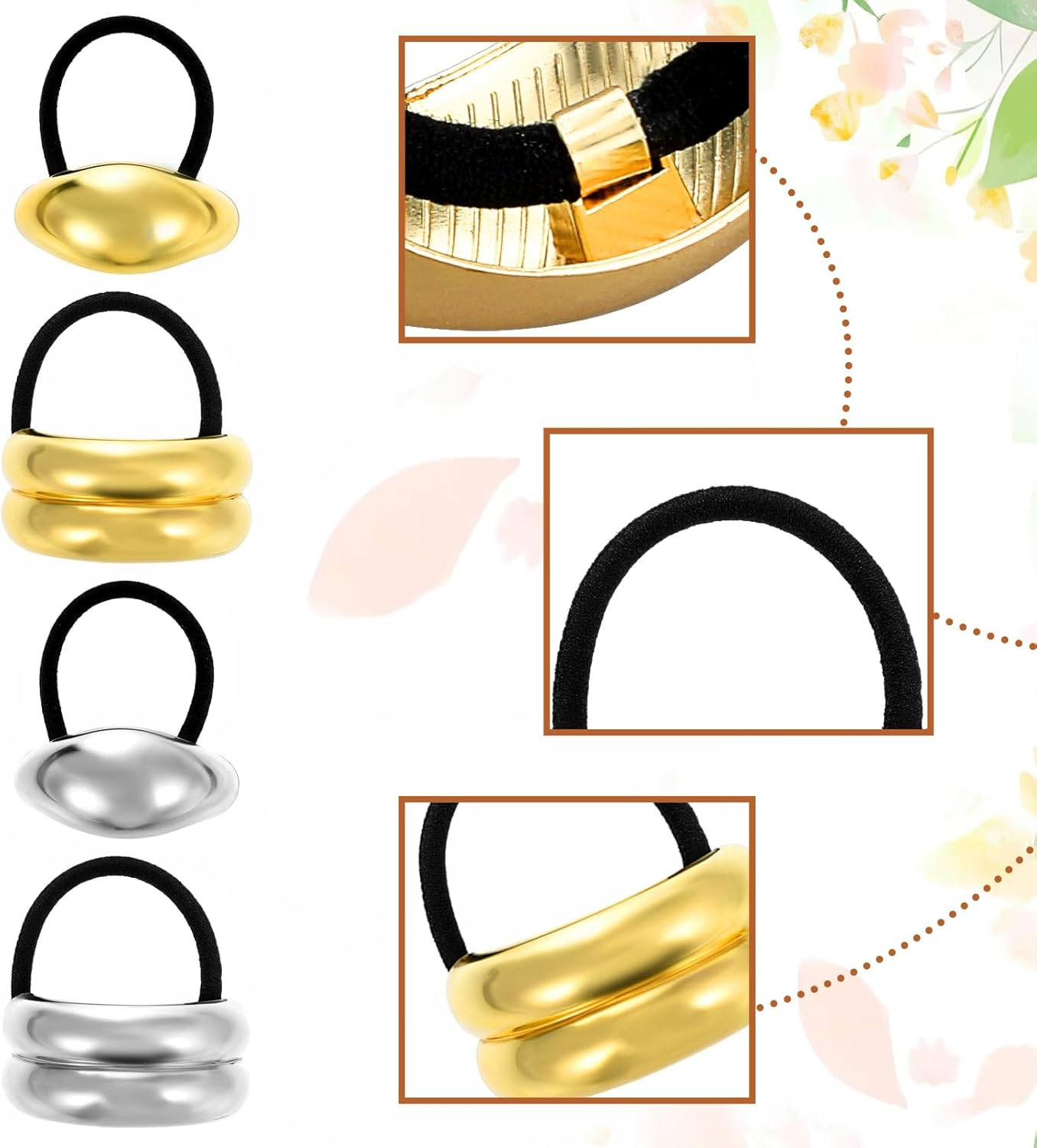 Ymapinc Pack of 4 Fashionable Women'S Hair Bands, Elastic Scrunchies, Ponytail Hair Bobbles, Durable Ponytail Holder for Women with Thick and Thin Hair (Gold, Silver) image number 2