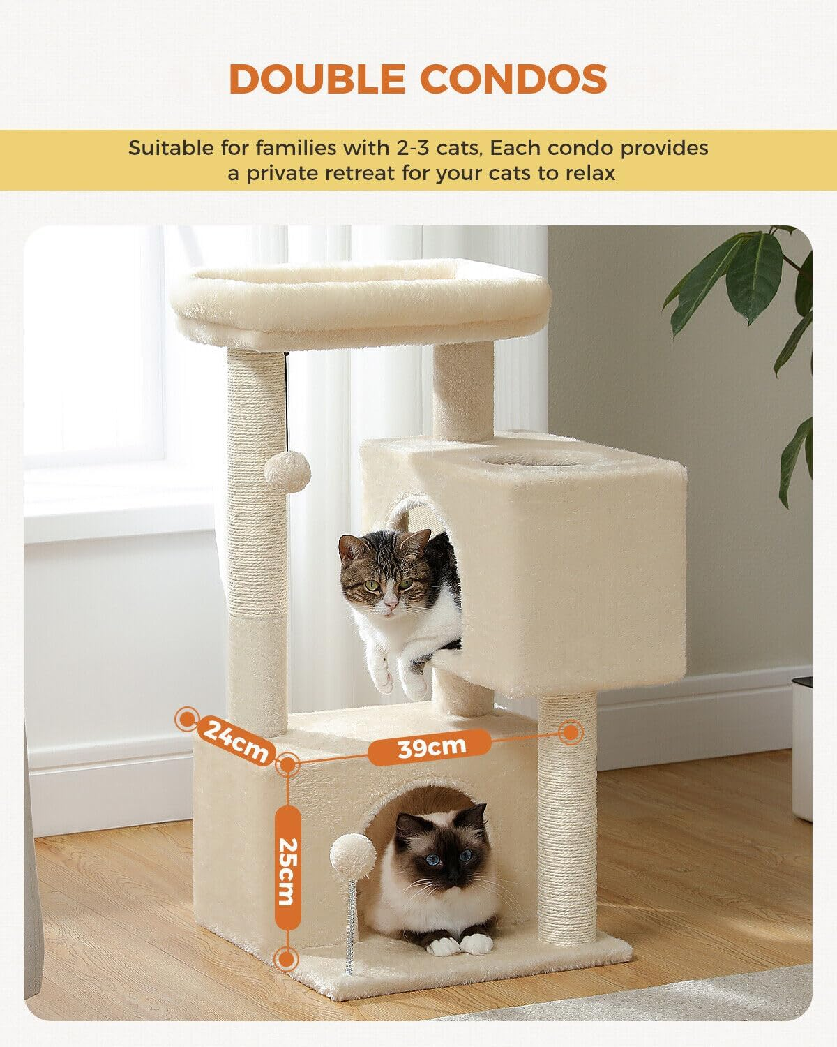 PAWZ Road Small Cat Tree 80Cm Cat Tower for Indoor Cats with 2 Condos Fit Cats up to 6Kg, Cat Scratching Posts with 2 Cat Toy Balls, Beige