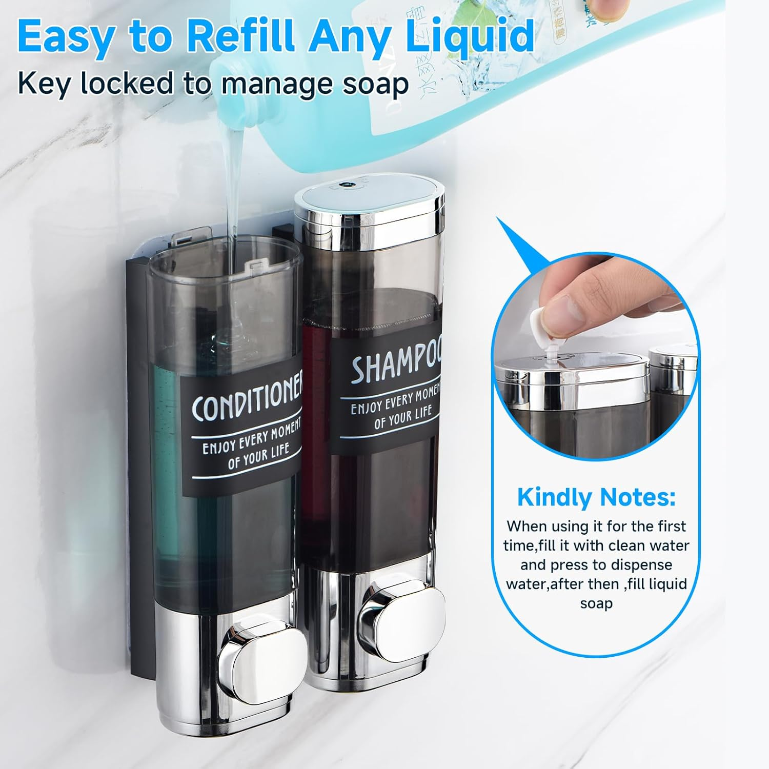 Shampoo and Conditioner Dispenser,Glintgath Shower Dispenser 2 Chamber No Drill Shampoo Dispenser for Shower Wall Mounted Shower Soap Dispenser for Bathroom Hotel,2 * 300Ml,Chrome image number 2