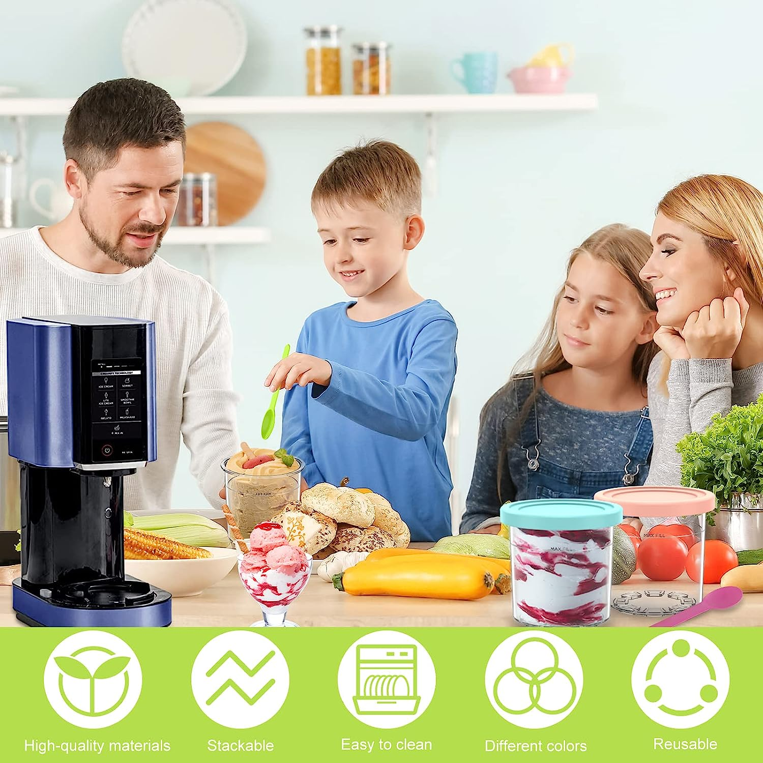 4 Pack Ice Cream Tubs for Ninja Creami 16Oz Stackable Pint Ice Cream Containers with Lid and Scoops Compatible with NC301/NC300/NC299AMZ/CN301CO Series Ice Cream Maker Container (Style 1) image number 4