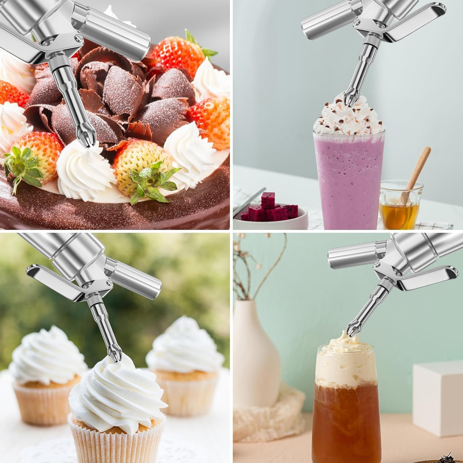 500Ml Cream Dispenser, Cream Syphon Aluminium with 3 Stainless Steel Decorative Nozzles and 1 Cleaning Brush, Leak-Proof Cream Siphon for Preparing Whipped Cream, Cream, Mousse and Desserts image number 6