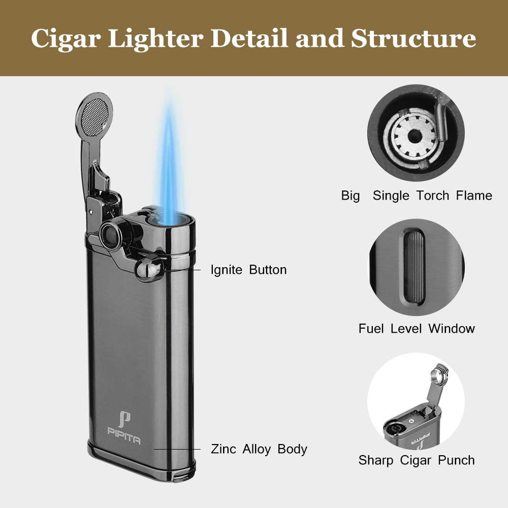 PIPITA 2Pcs Torch Lighter Windproof Pocket Lighter Jet Single Flame Lighters, Adjustable Flame and Refillbale Fuel Metal Lighter(No Butane) (Gray)