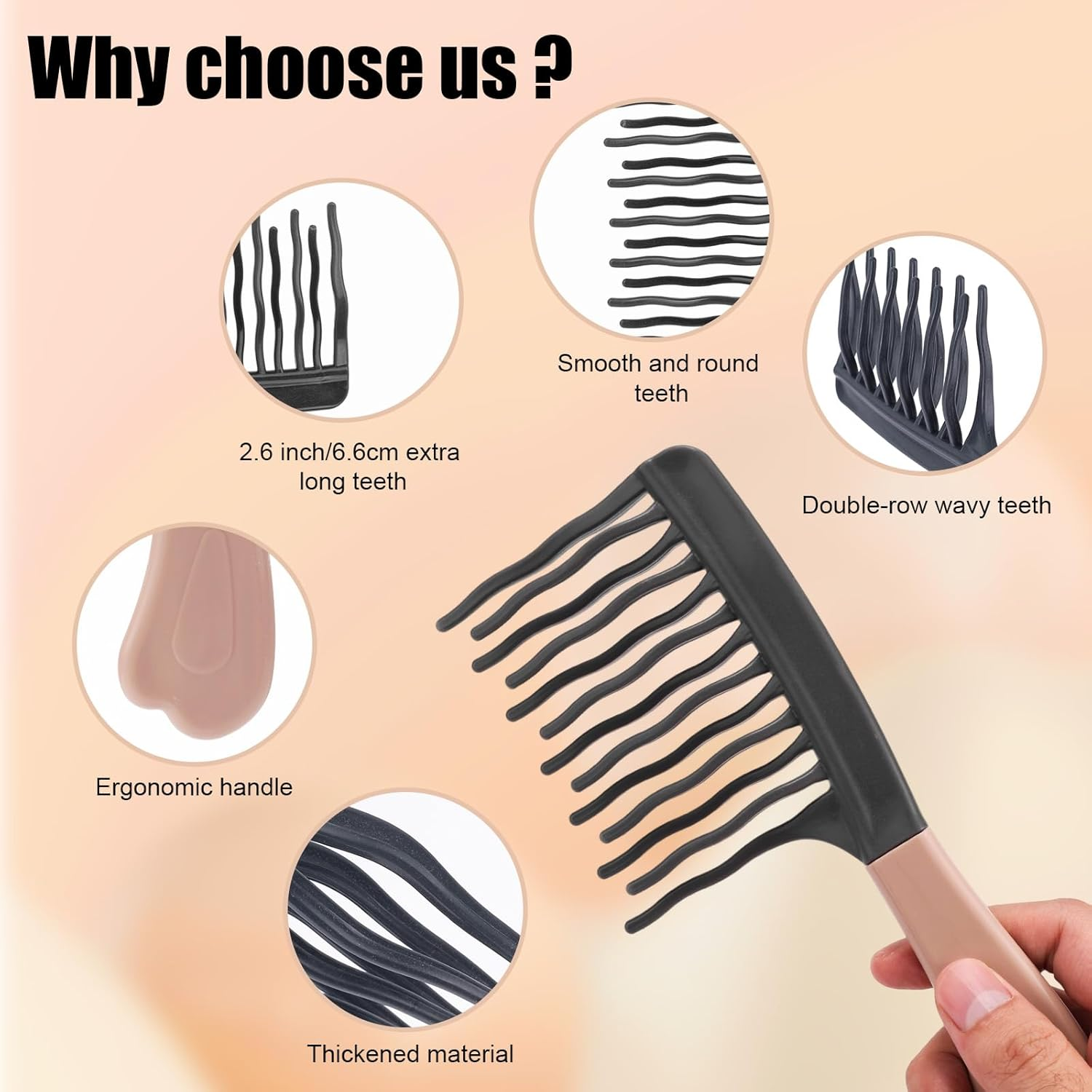 Sinbana Wide Tooth Comb for Curly Hair, Upgraded Wide Tooth Detangling Comb with Ergonomic Handle for Women & Men Long Thick Frizzy Hair (Grey) image number 2