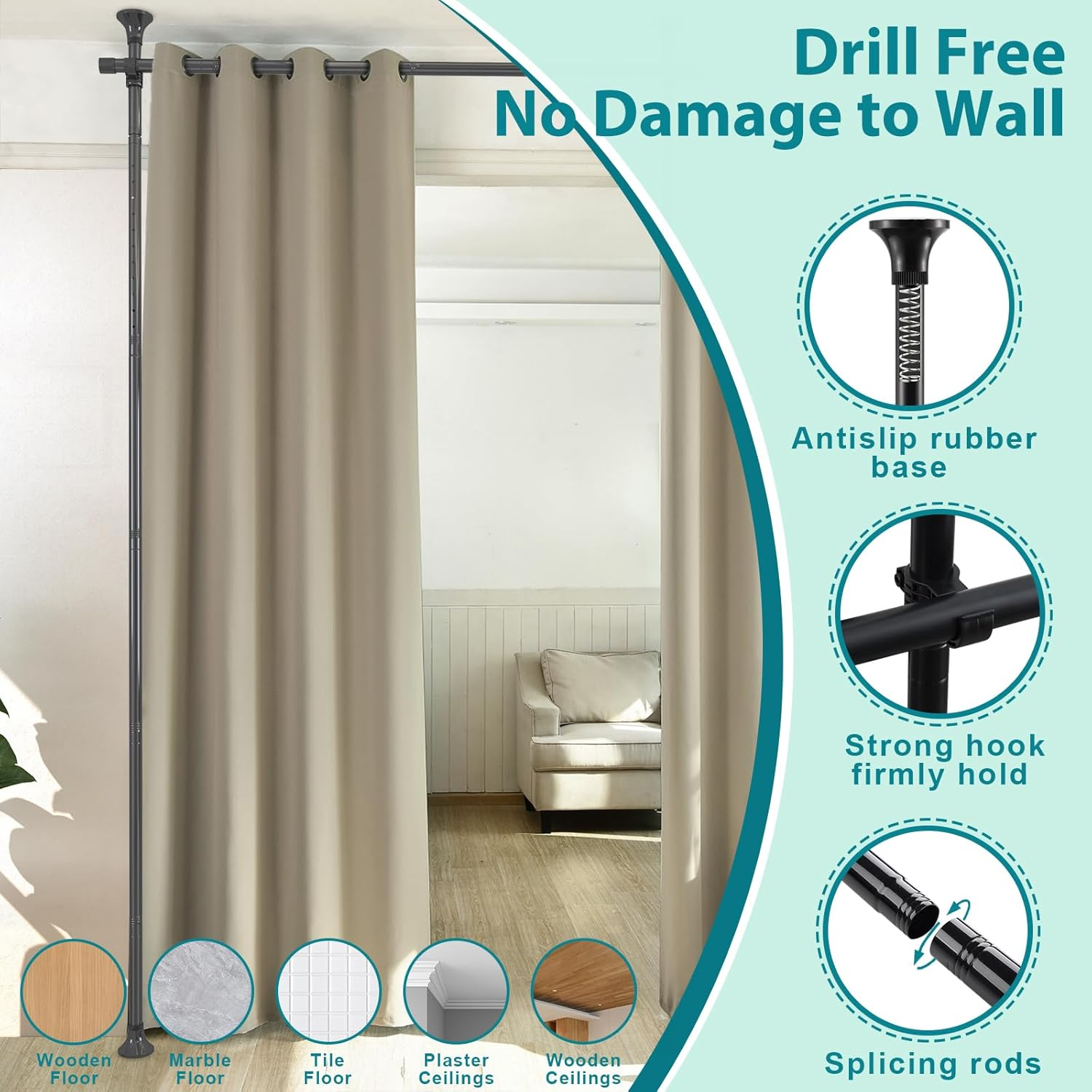 Room Divider, No Drilling Curtain Rods Hanging Wall Divider for Room Separation, 120&rdquo; Tall 114&rdquo; Wide Adjustable Floor to Ceiling Partition Room Dividers, Heavy Duty Corner Room Divider Curtain Rods image number 2