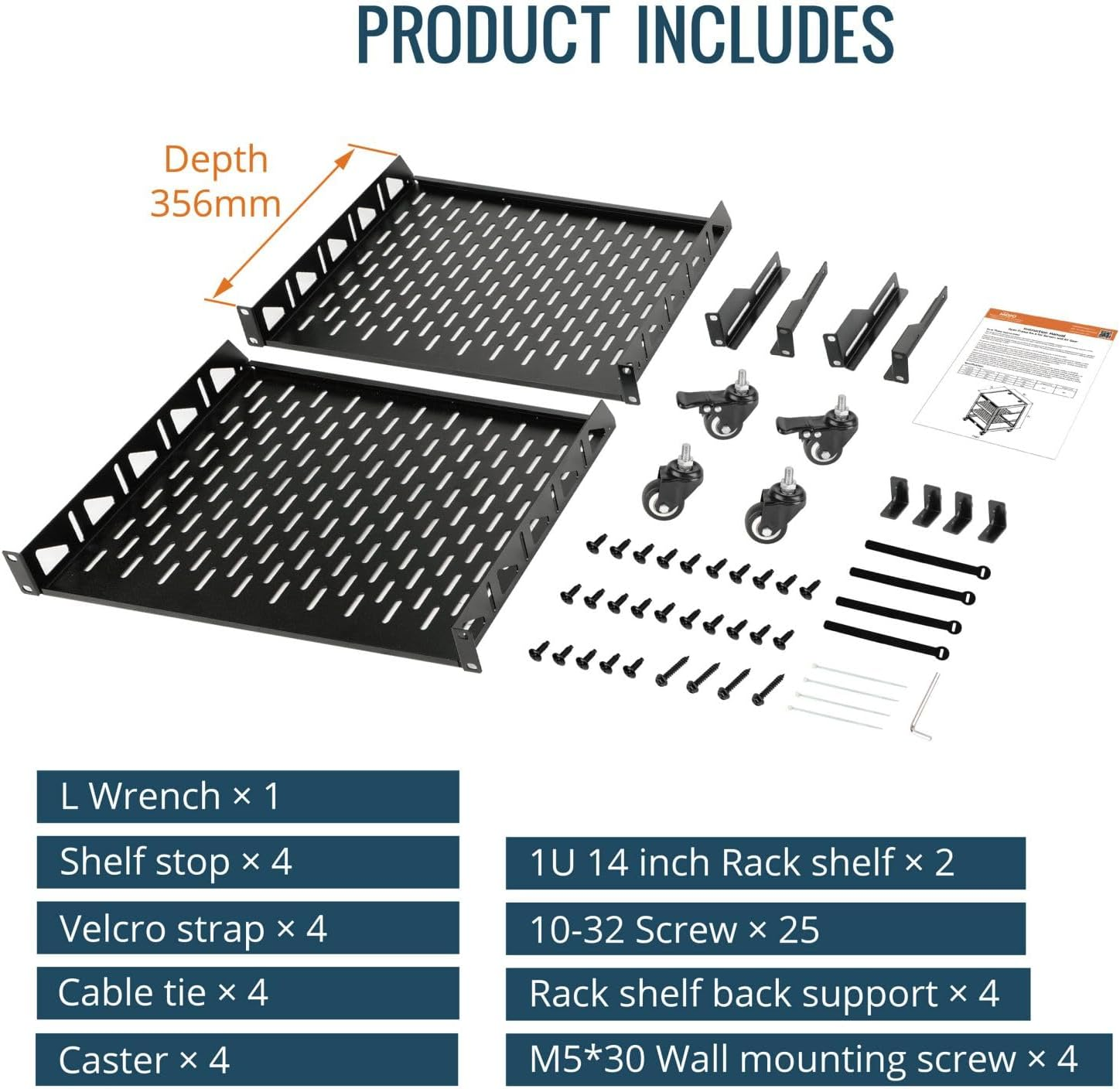 16U Open Frame Network Rack for IT &AV Gear, 16RU AV Rack 4-Post with Mobile Casters and 2 PCS Vented 19'' Front Mounting Rack Shelf with Rear Supporting Ears and Anti-Slip Stops & Mounting Hardware image number 2