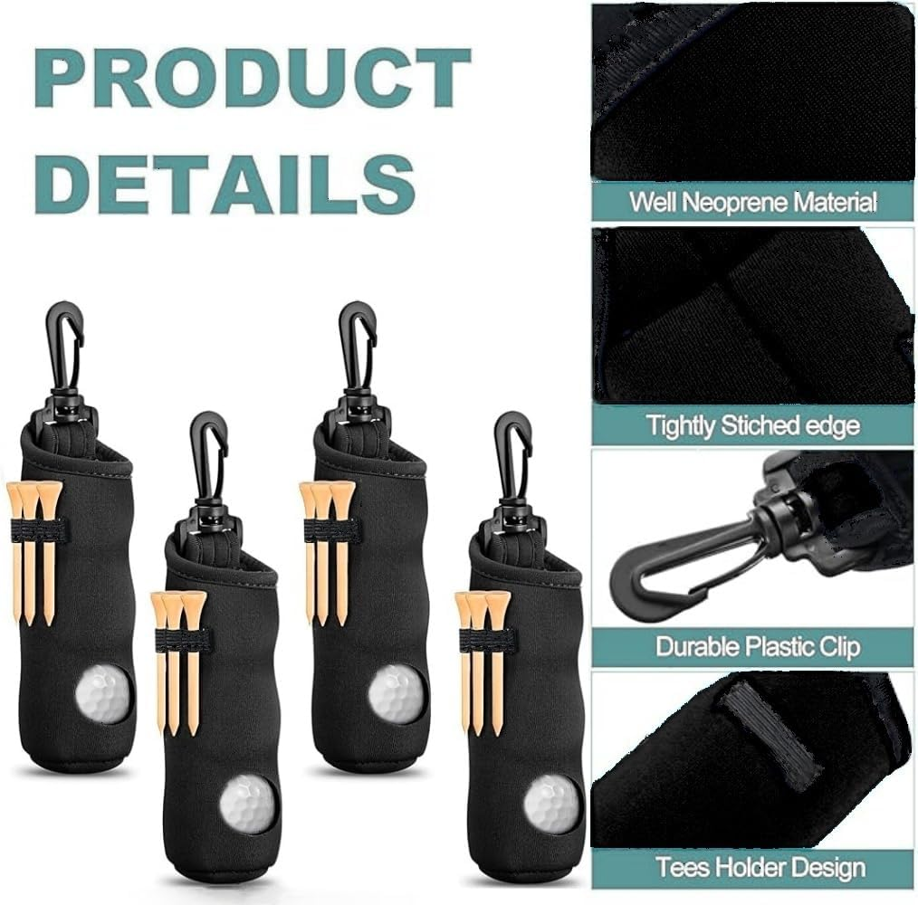 4 Pcs Golf Ball Tee Holder, Pouch Neoprene Golf Ball Pouch, Lightweight Portable Golf Ball Holder,Golf Tee Utility Bag, Golf Ball Carry Bag with Belt Clip, for Women Men Club