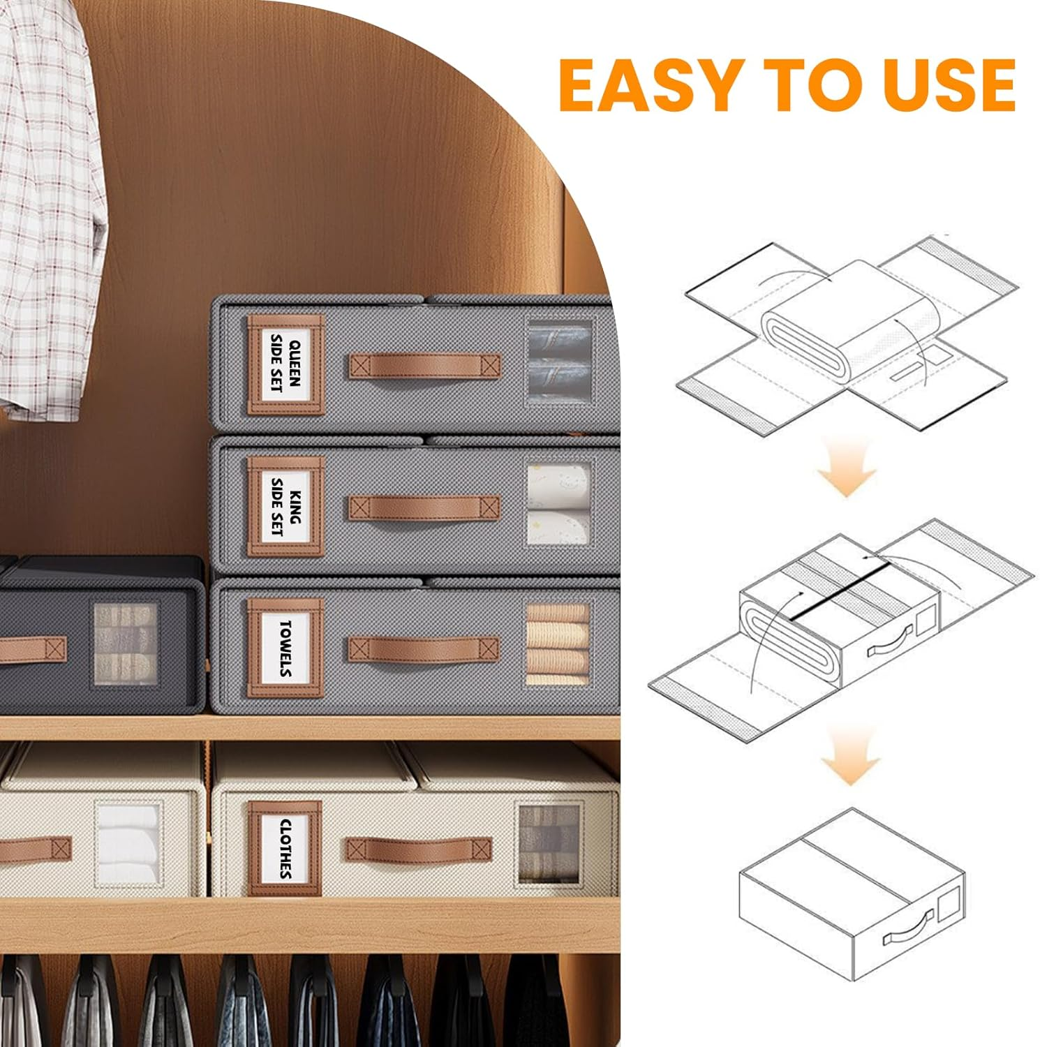 4 Pack Bed Sheet Organizers and Storage, Foldable Linen Closet Organiser with Window and Label, Home Storage & Organisation for Bedding Sheets,Duvet Covers,Blankets (Grey) image number 5