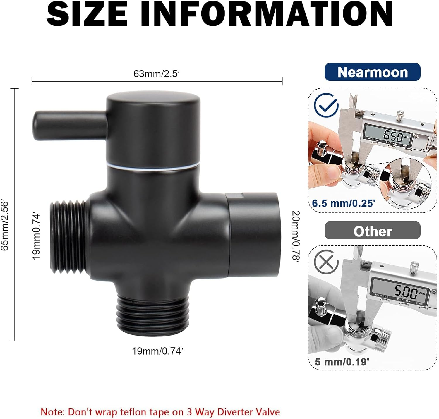 Nearmoon Solid Brass G1/2" Shower Arm All Metal Universal 3-Way Diverter Valve for Handheld and Fixed Head, Replacement Component Adapter (Matte Black) image number 4