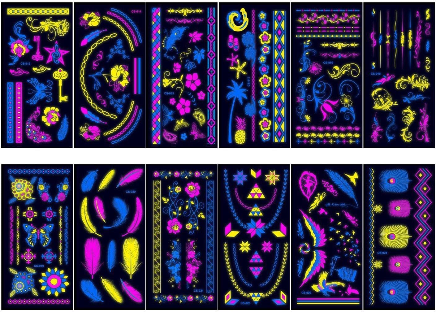 12 Pieces Glow in the Dark Tattoos, Reactive Luminous Gifts, Temporary Tattoos for Raves, Style A