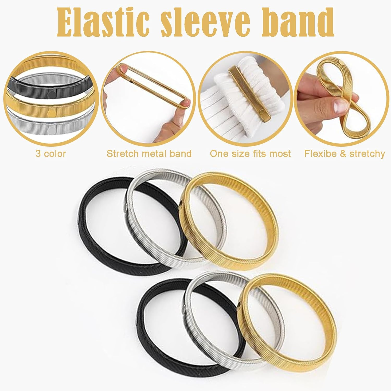 6PCS Anti-Slip Arm Cuff & Sleeve Garters for Women and Men, Arm Bands for Sleeves in Black, Silver and Gold image number 1