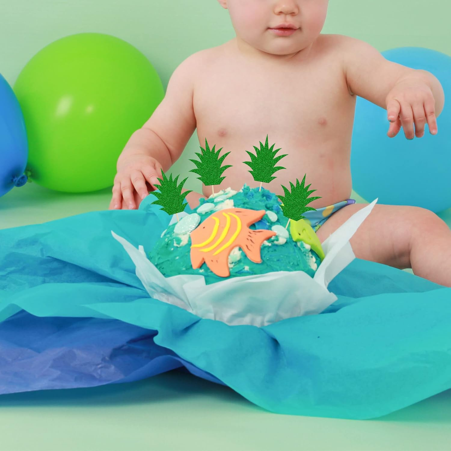 36Pcs Donut Toppers Green Pineapple Cupcake Toppers Green Glitter Pineapple Picks for Luau Bridal Shower Tropical Summer Party Cake Food Decoration Supplies - 36Pcs Pineapple image number 6