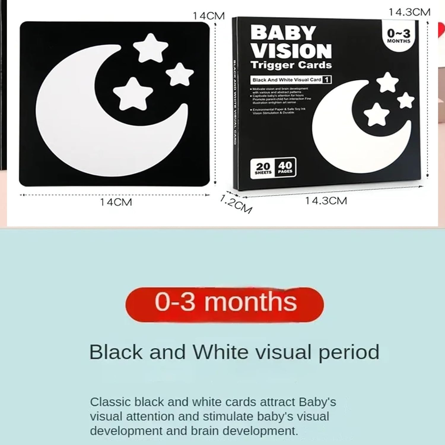 20PCS 40 Pictures Infant Contrast Baby Flash Cards for Visual Stimulation, Double-Sided Infant Flash Cards Black and White Newborn Brain Development Cards, for Babies Toddlers 0-3Months image number 3