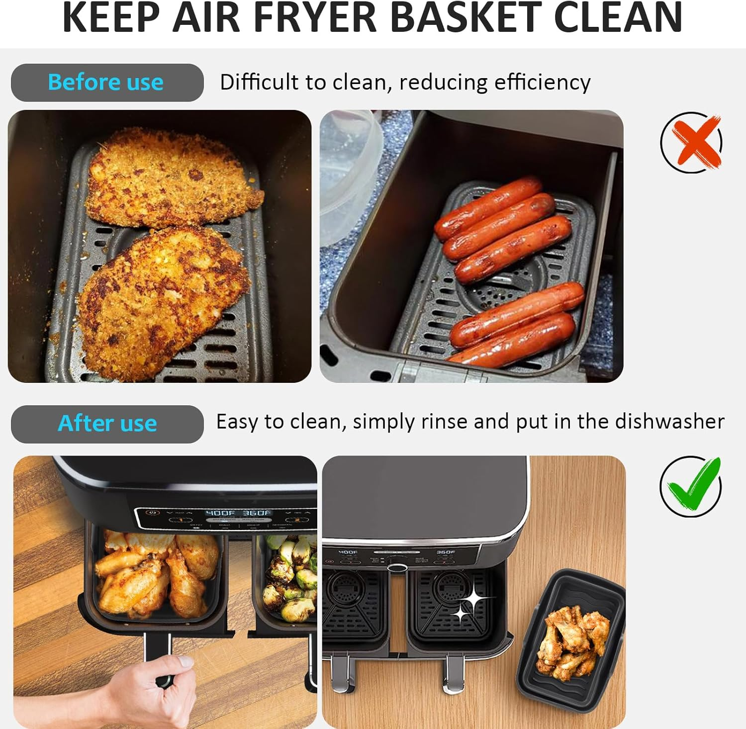 Ninja Dual Air Fryer Silicone Liners 2 Pack - Reusable Replacement Basket Bowl, Collapsible Baking Tray for Oven Microwave Accessories (Black) image number 2