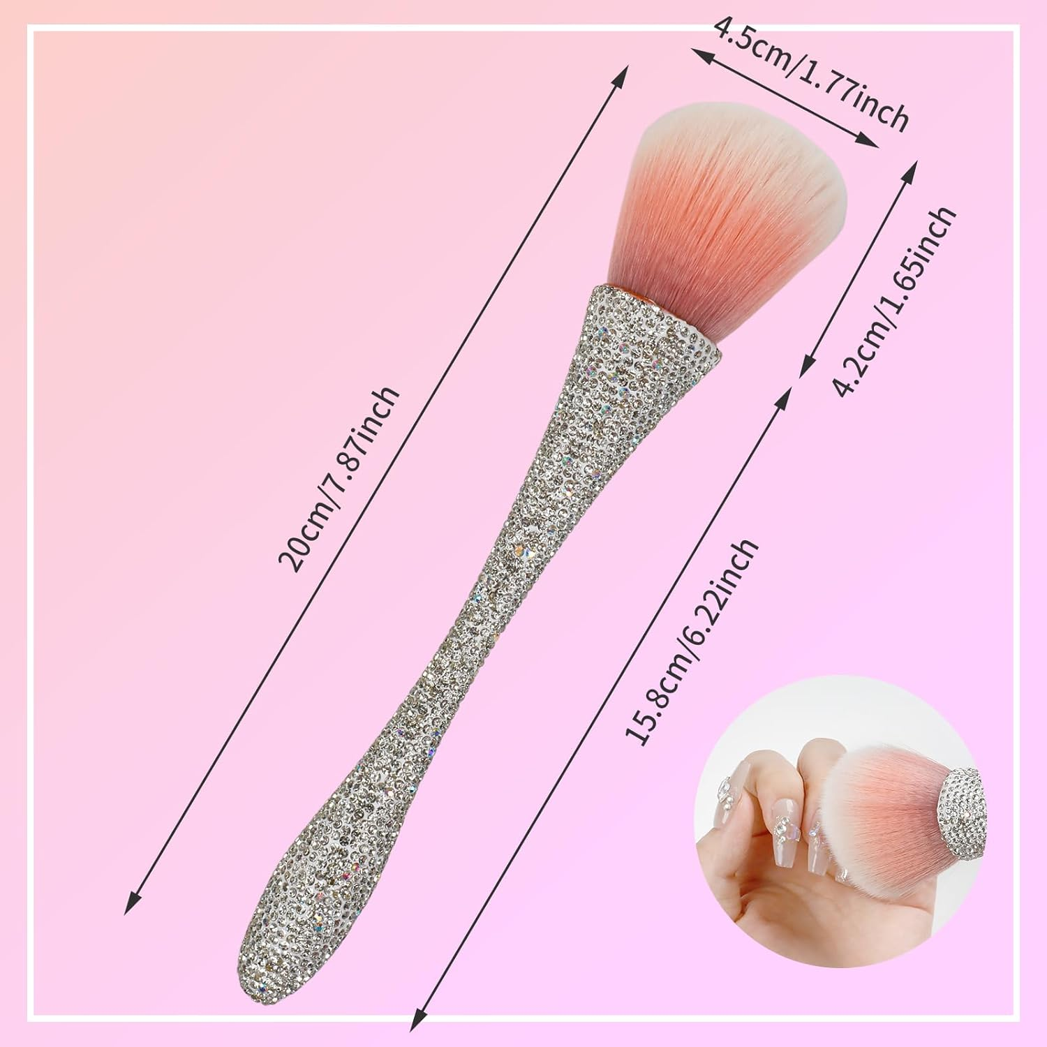 Heemeei Nail Dust Brush with Shiny Rhinestones, Dust Brush for Nails, Fluffy Nail Duster Brush for Acrylic Nails Powder Remover, Acrylic Cleaning Brush Acrylic Nail Tools - White image number 2