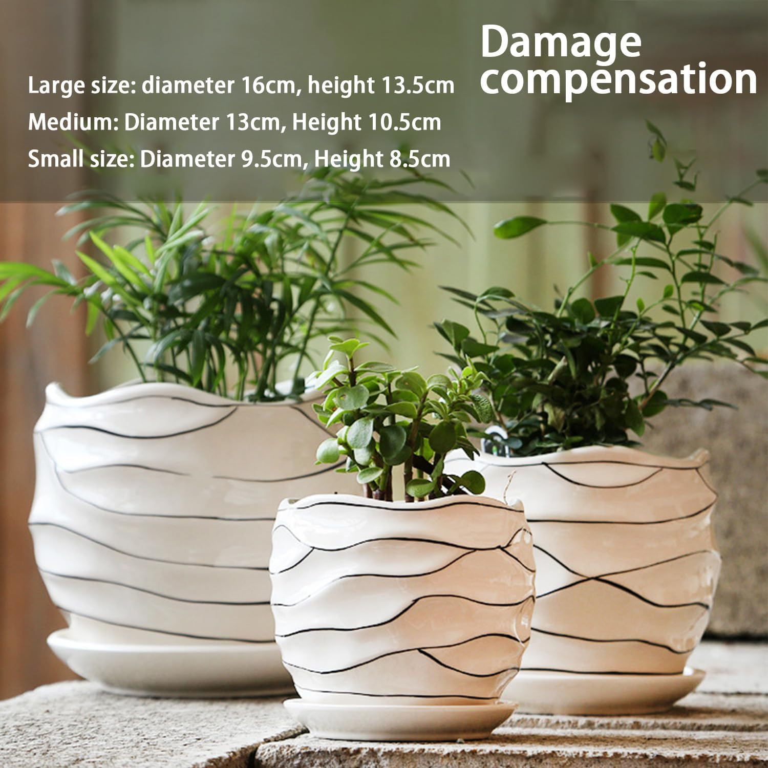 3-Piece Set. Large, Medium, and Small. Ceramic Striped Flower Pots. Home Plant Decoration. Elegant Ceramic Flower Pots. image number 1