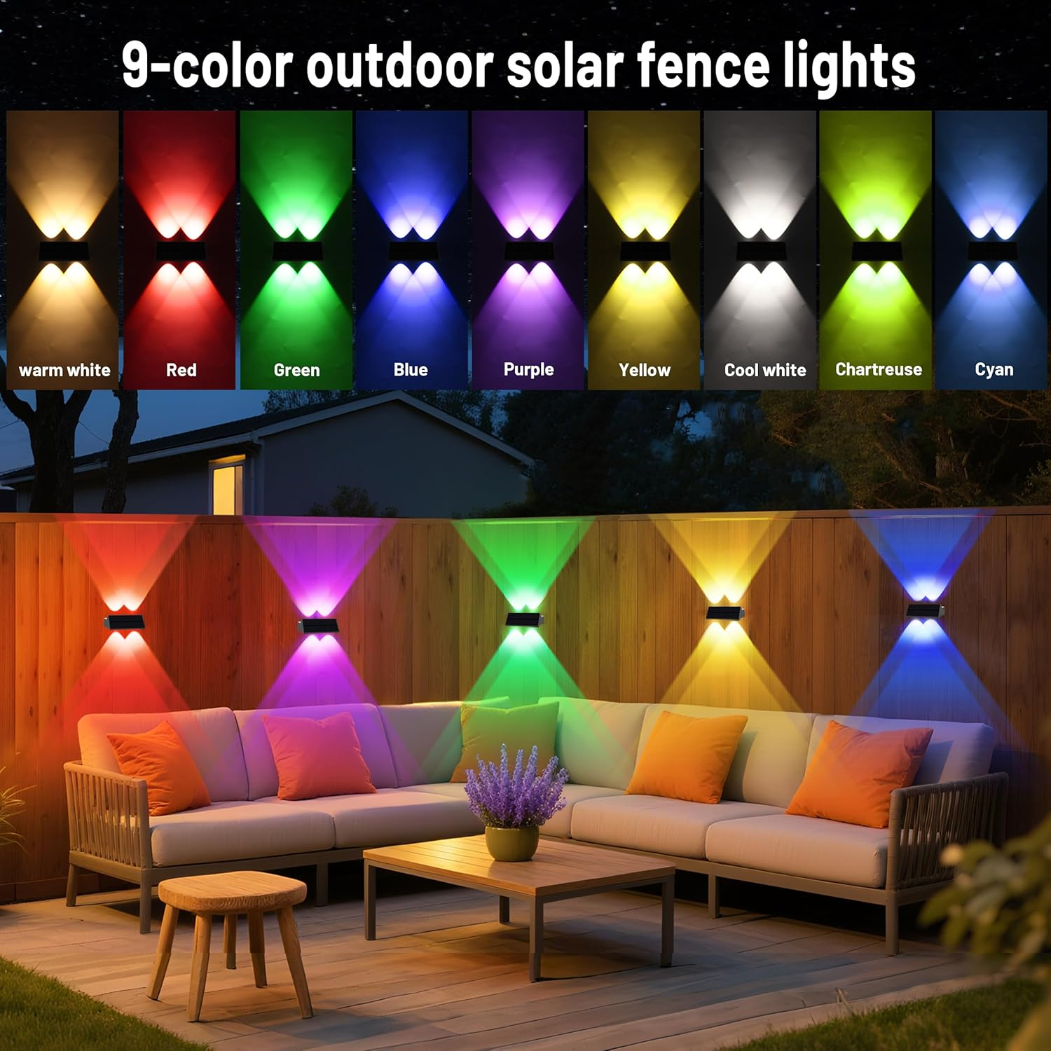 Solar Fence Lights 9-Color Up&Down Solar Wall Lights Outdoor Waterproof RGB Fence Lights Solar Powered for Garden Yard Patio Pathway (4)
