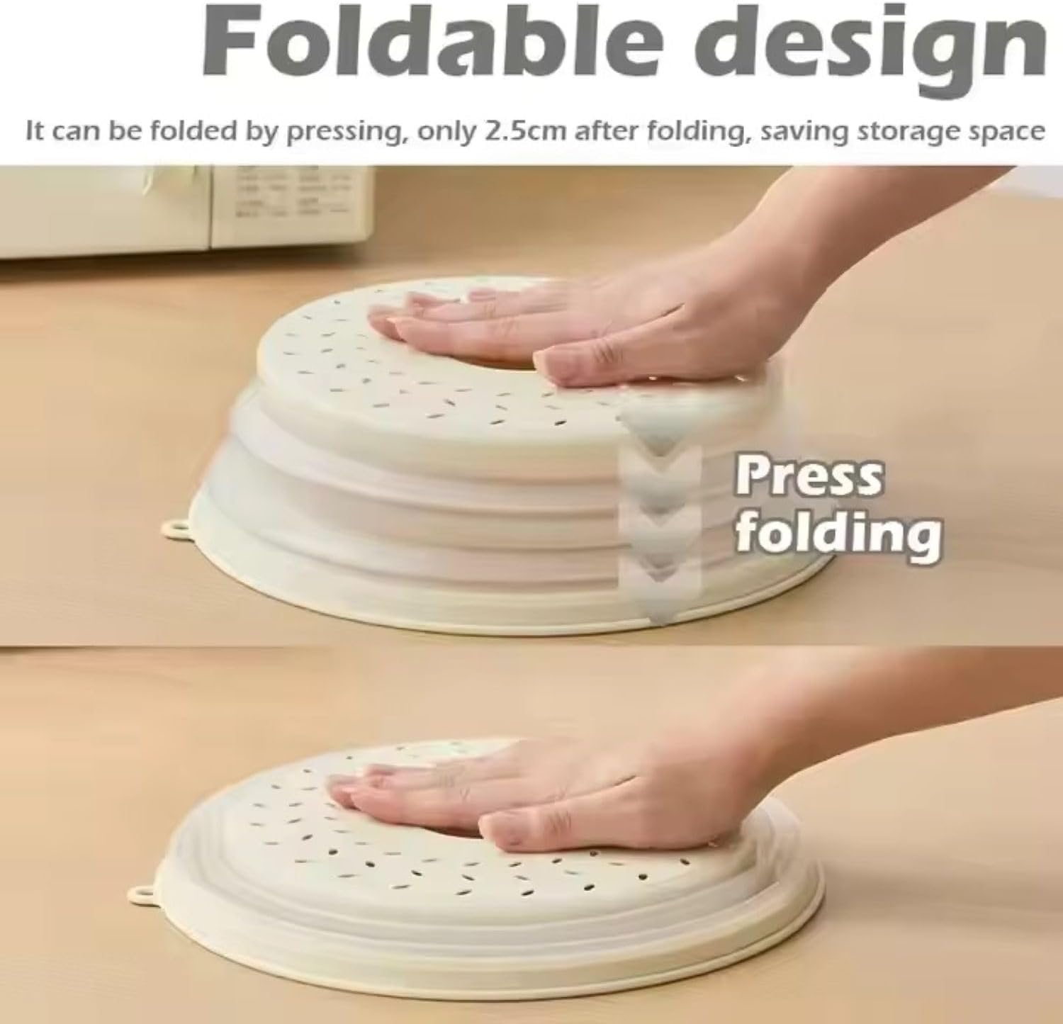 Pack of 2, Collapsible Microwave Food Cover BPA Free TPR, 10.5Inch, round with Grip Handle Green+Beige image number 3