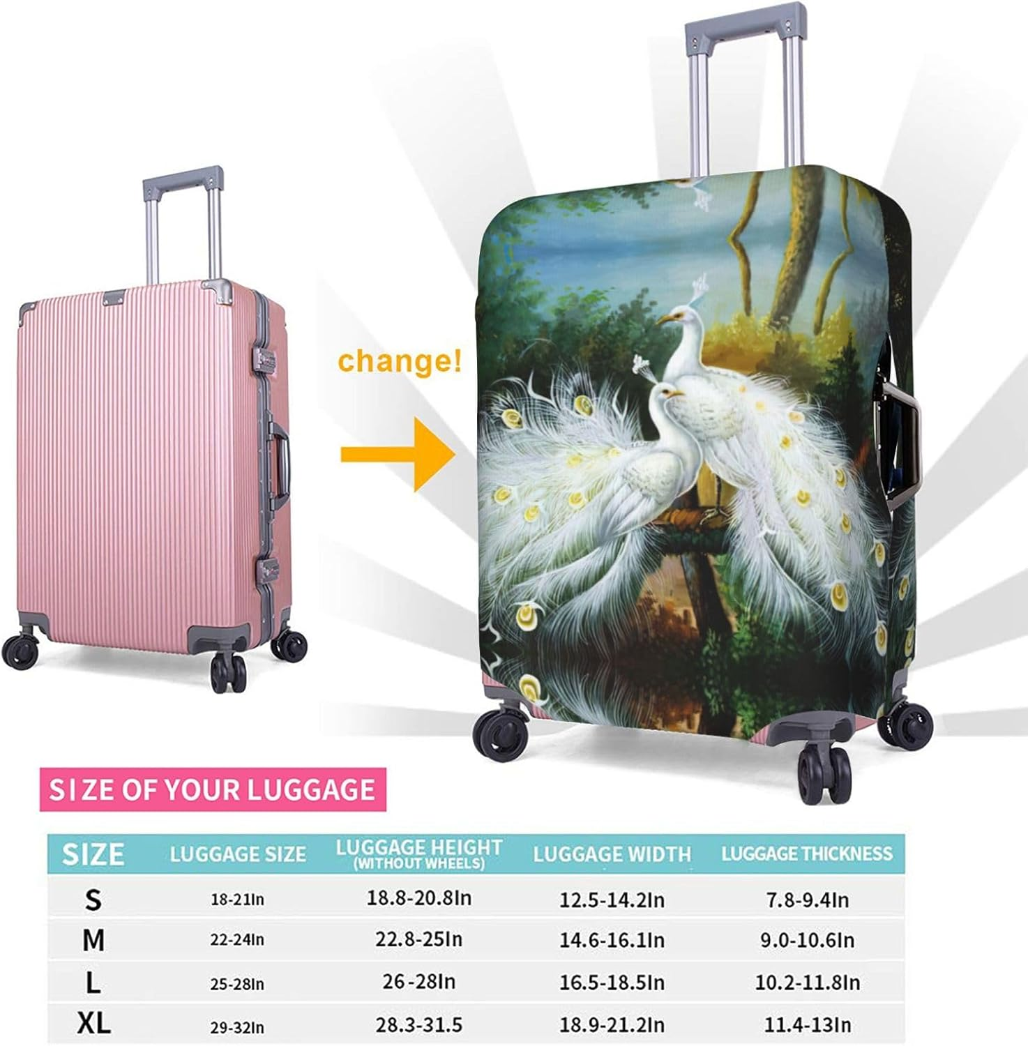White Peacock Print Travel Luggage Cover,Suitcase Protector Cover, Washable Baggage Covers,For 18-32 Inch Luggage, White Peacock, Medium image number 3