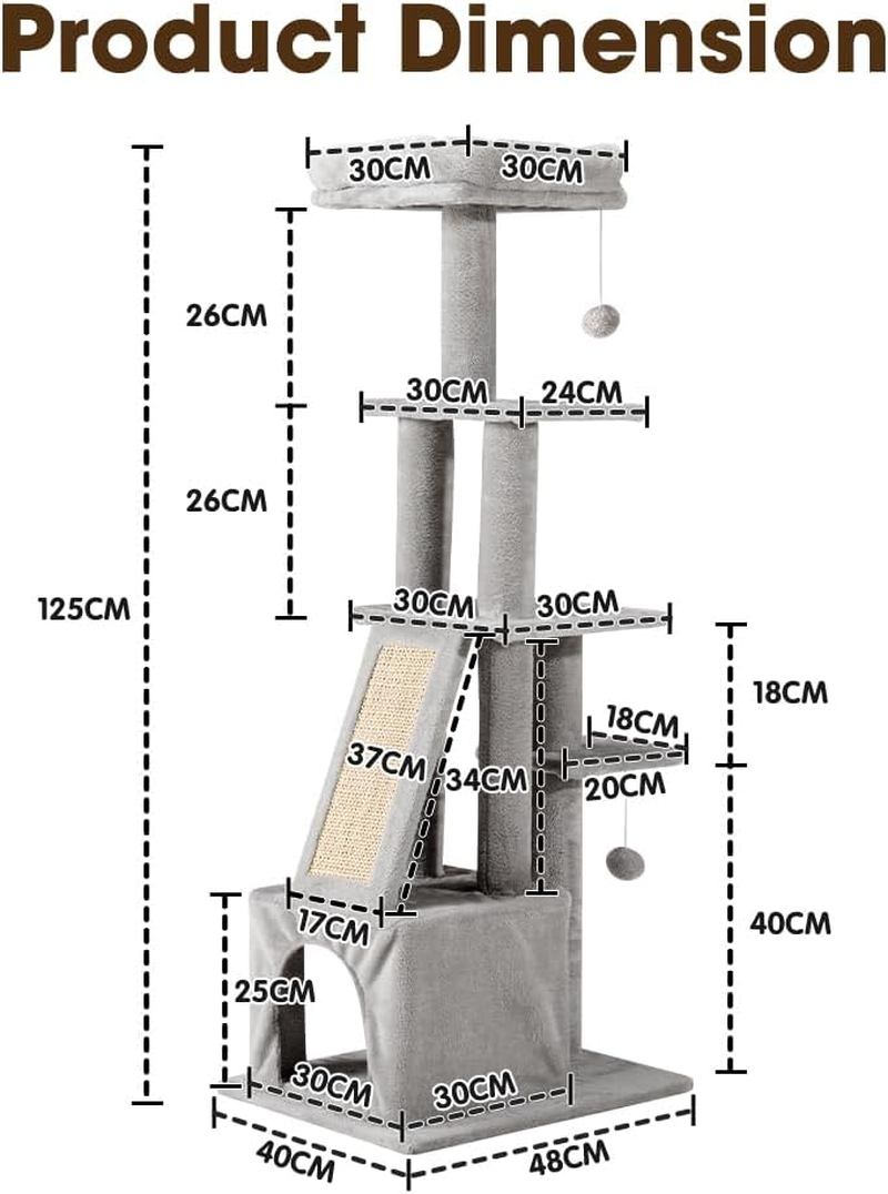 Cat Tower, 125Cm Cat Tree for Indoor Large Cats, Multi-Level Condo with Ladder, Hideaways, Pompoms and Toy, Grey image number 3