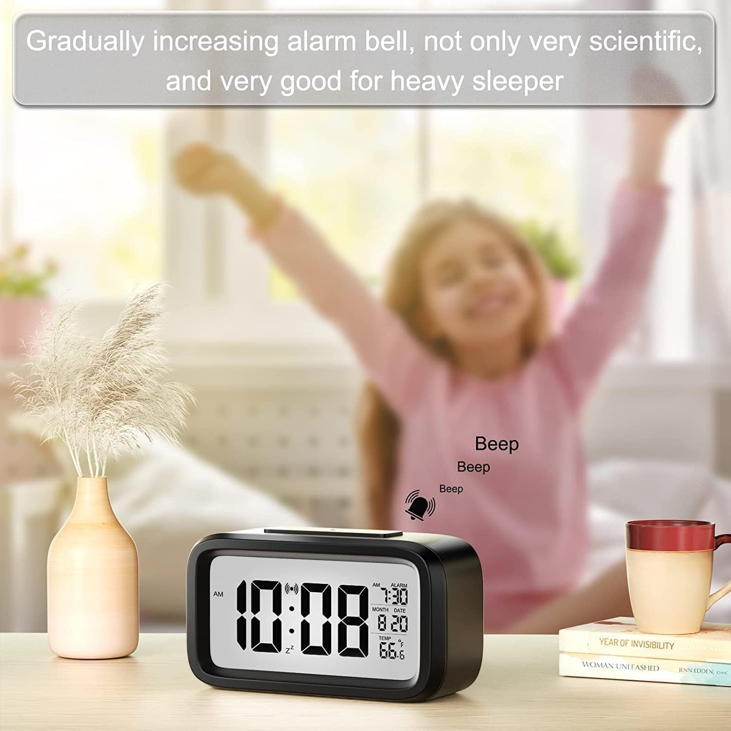 Necomi Nightlight Digital Alarm Clock, Creative Smart, Bedside Desk Table Electronic Clock Battery Operated Mute Luminous Alarm Clock with Adjustable Light, Suitable for Students and Children (Black) - Pink image number 6
