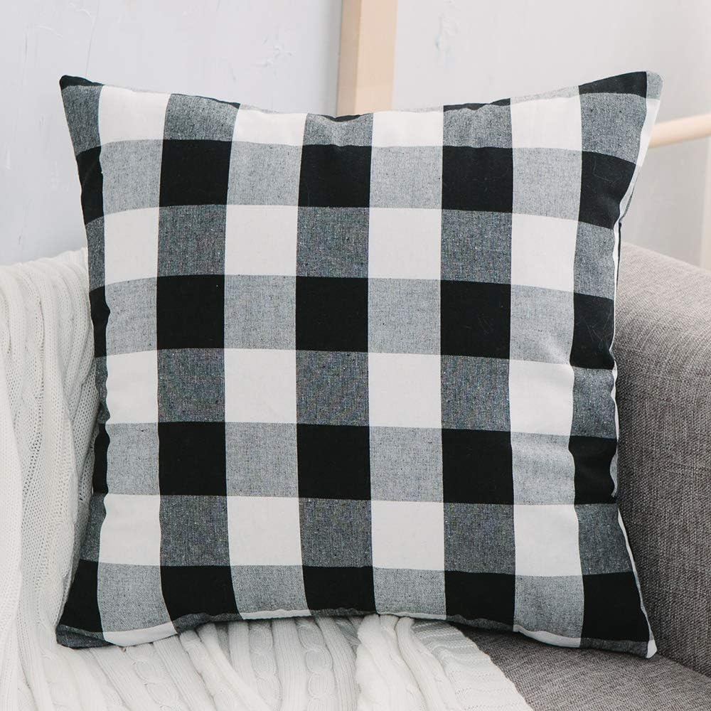 2 Piece Black White Cotton Buffalo Check Plaid Decorative Square Throw Pillow Cover with Invisible Zipper for Bench, 40Cm X 40Cm image number 4