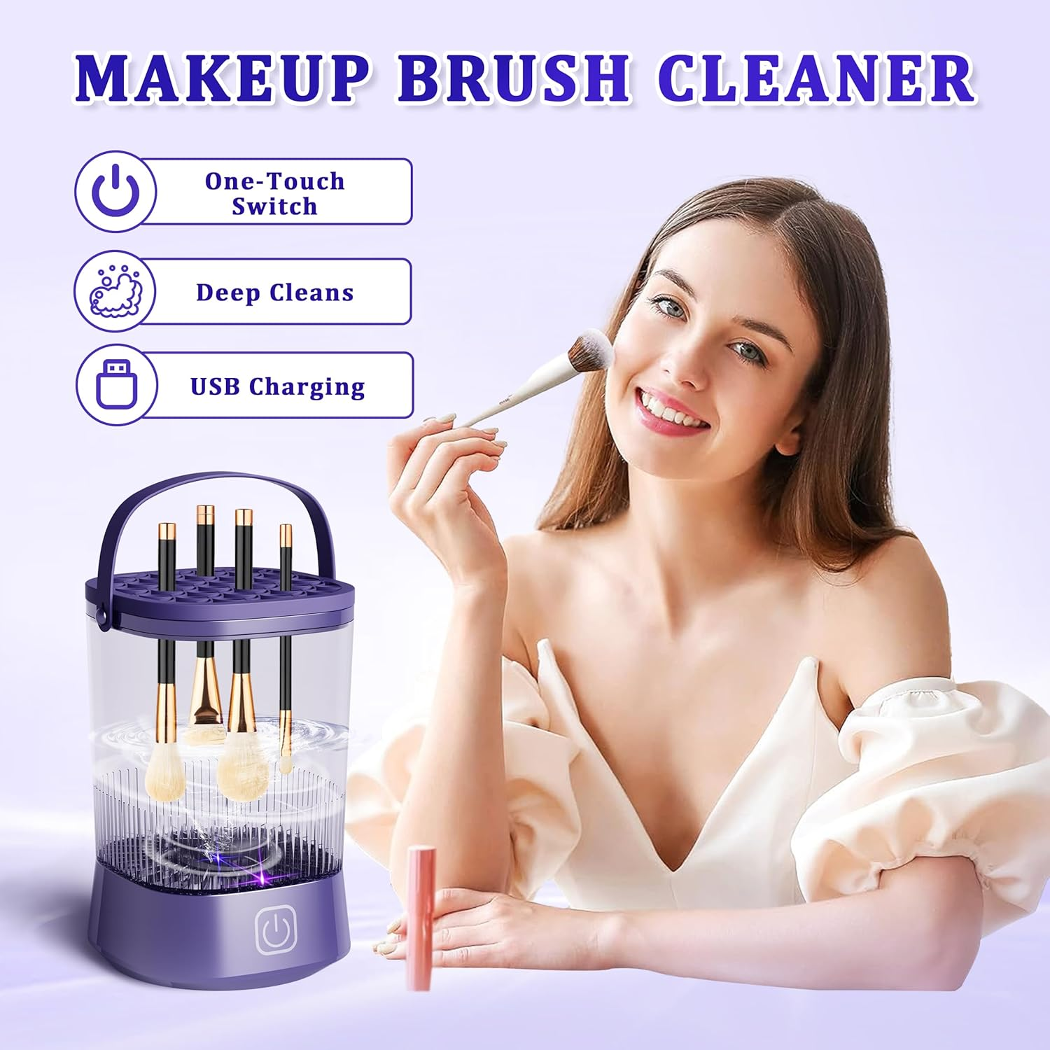 Makeup Brush Cleaner Machine - Electric Makeup Brush Cleaner, Automatic Maku up Brush Cleaning with 1200 Mah Battery, for Makeup Sponges and All Size Brushes (Purple) image number 1
