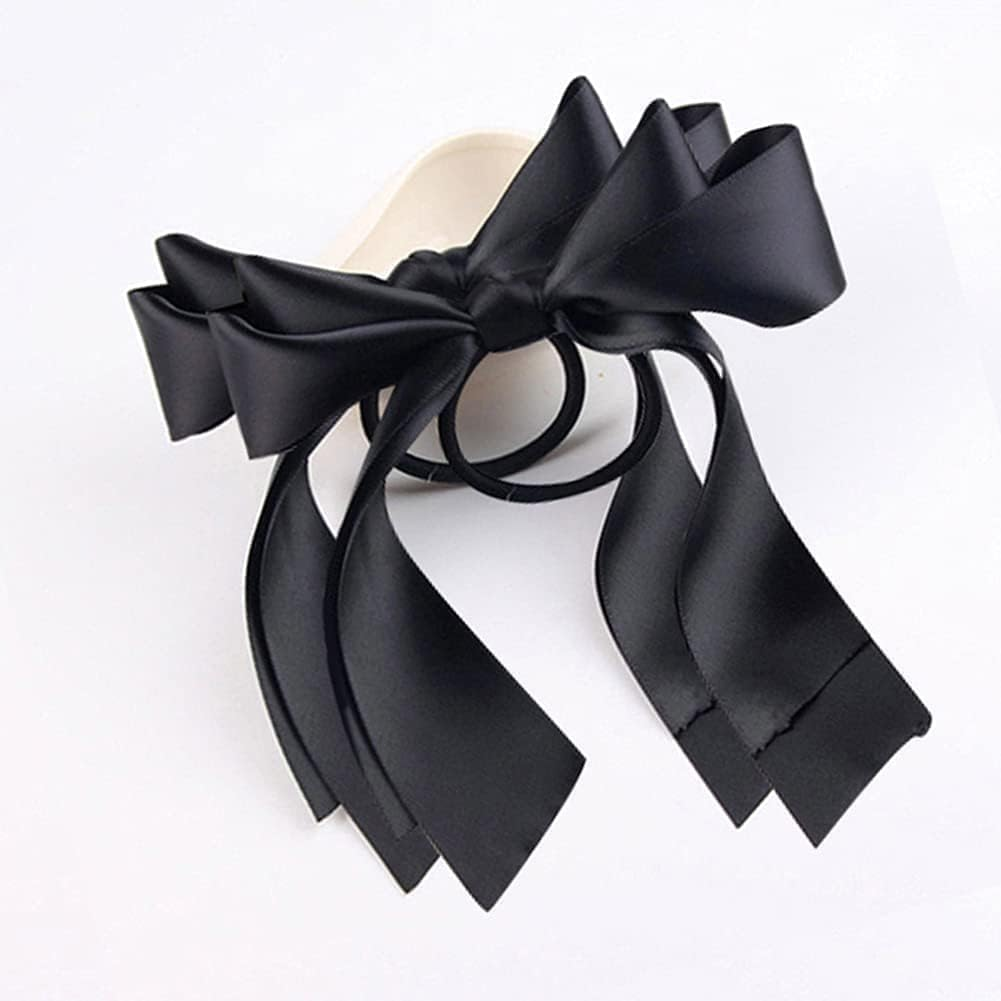 2 Pcs Black Ribbon Rope Bowknot Hair Ties, Elastic Hair Band Girl Hair Styling Accessories Ponytail Holders image number 2