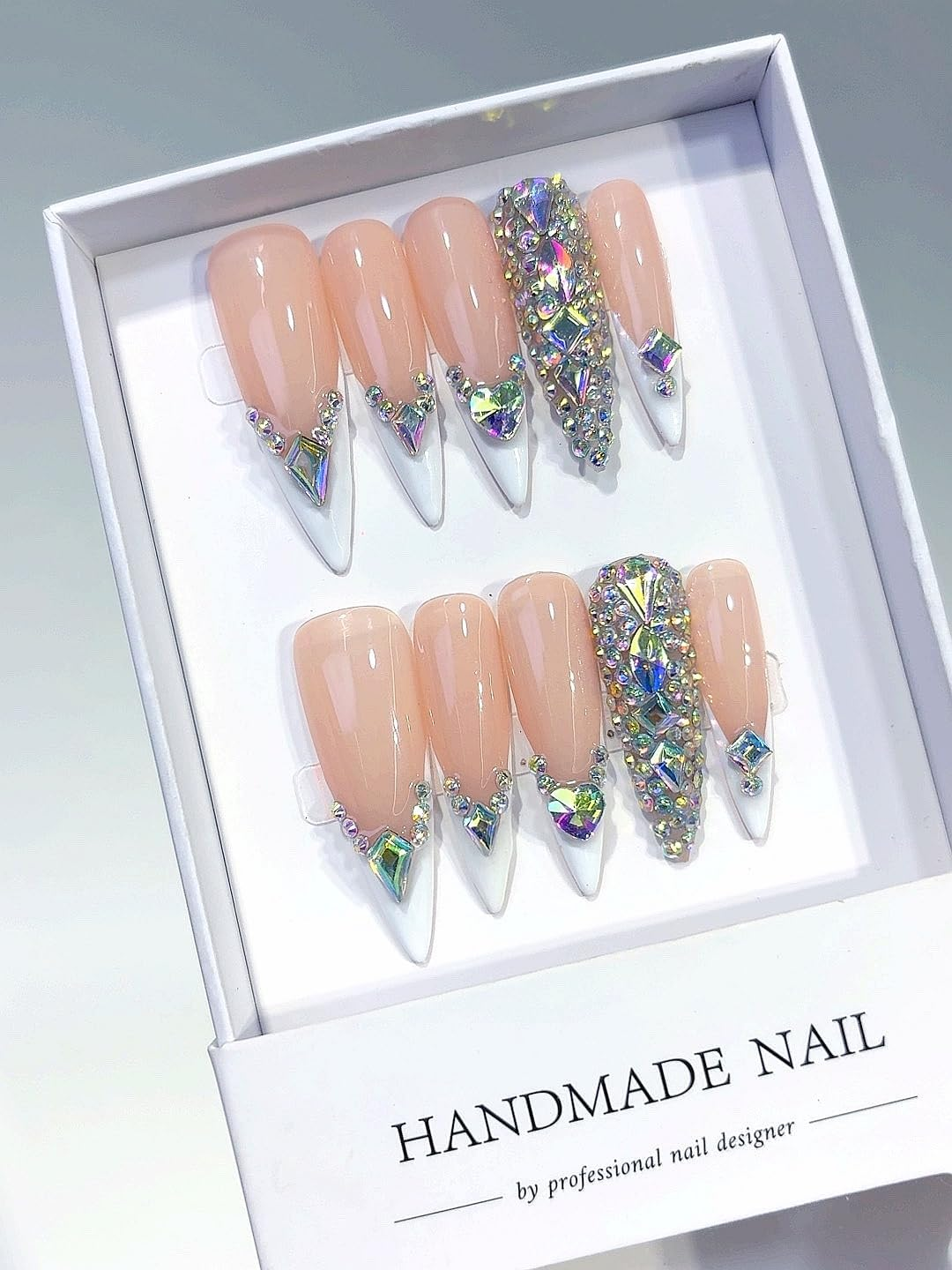 Press-On Nails Set, Nude Pink with Iridescent Crystal Rhinestones, Long Coffin Shape, Professional Manicure Art Tips (L155, Medium)