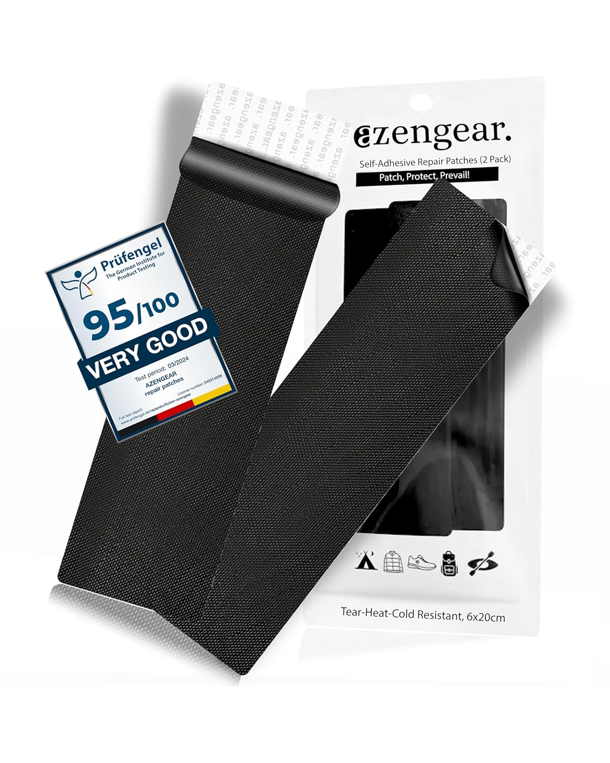 Azengear Repair Patches (2 Pack), Self-Adhesive, Waterproof, Tear-Cold-Heat-Resistant, Seal Tape to Fix Rips in down Jackets, Shoe Holes, Tents, Upholstery, Inflatables, Rvs (Black, 6X20Cm) image number 1