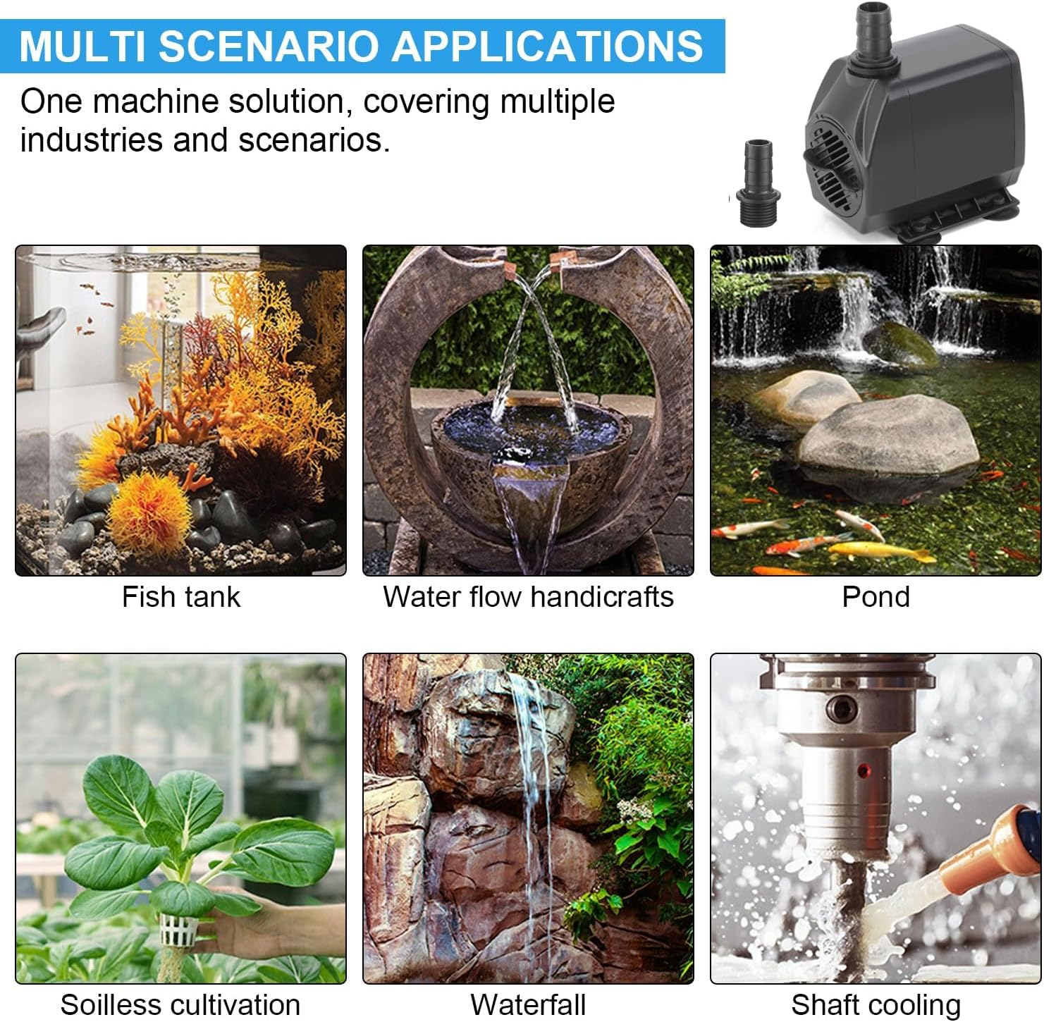 Submersible Pump, 600L/H 10W Quiet Water Pump, Mini Adjustable Water Pump for Gardening, Wigwams, Fish Tanks, Gardens, Fountains, with Two Diameter Nozzles image number 3