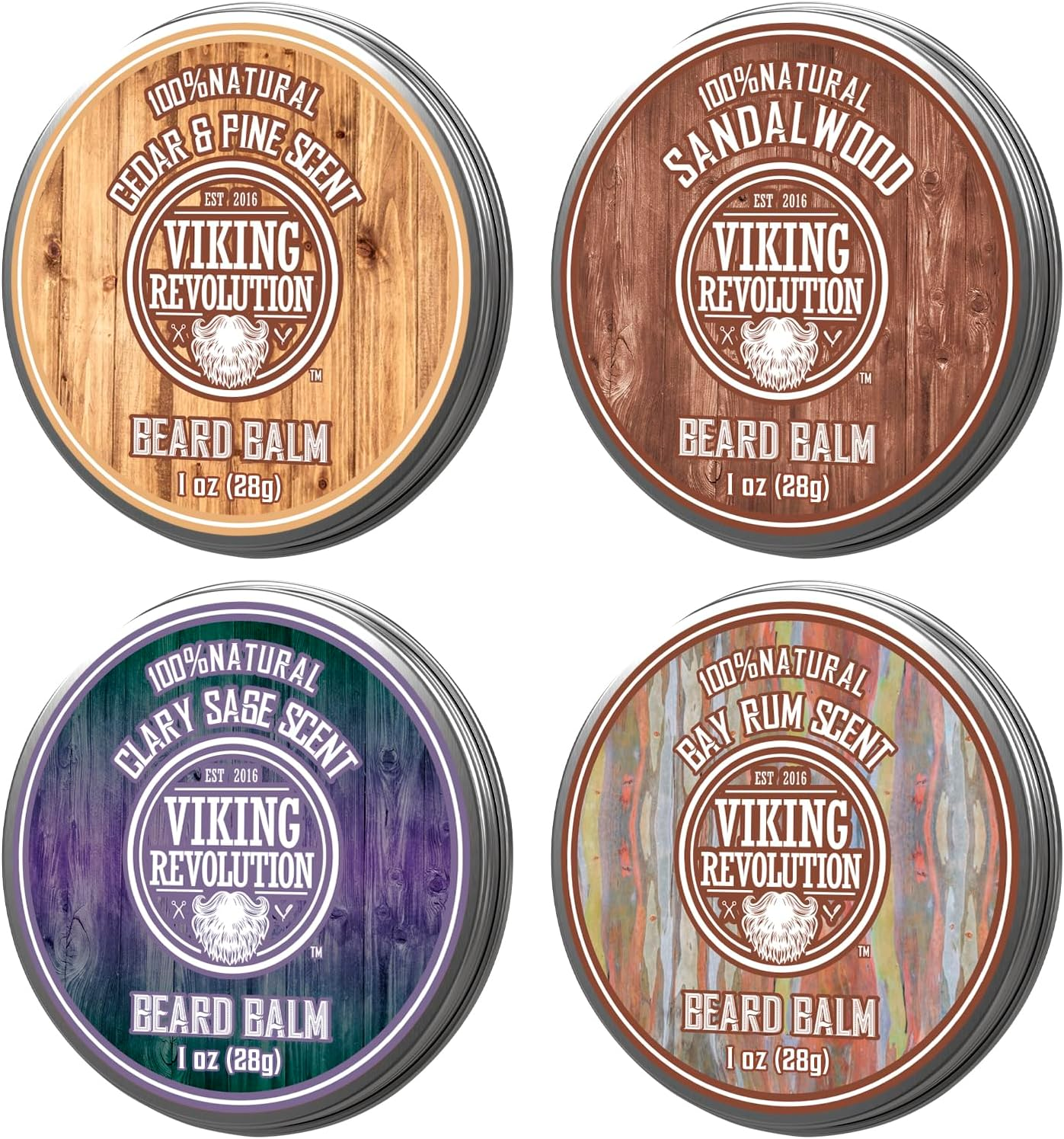 Viking Revolution 4 Beard Balm Variety Pack (1Oz Each) - Sandalwood, Pine & Cedar, Bay Rum, Clary Sage - Styles, Strengthens and Softens Beards and Mustaches - Wax for Men image number 1