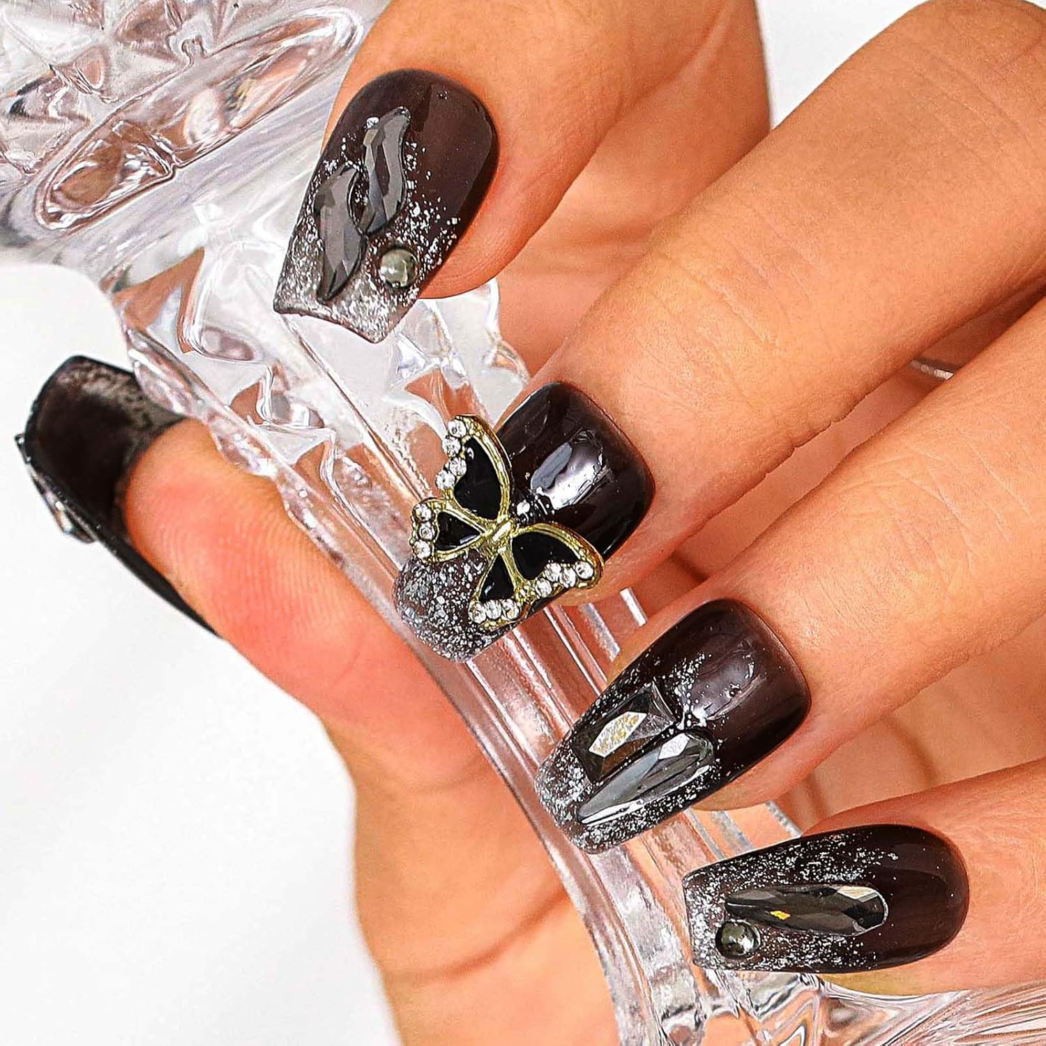 Sethexy Black Rhinestone Handmade Fake Nail Medium Coffin False Nails Crystal Acrylic Glossy Press on Nail Salon Nails Metallic for Women and Girls 10PCS (F) image number 1