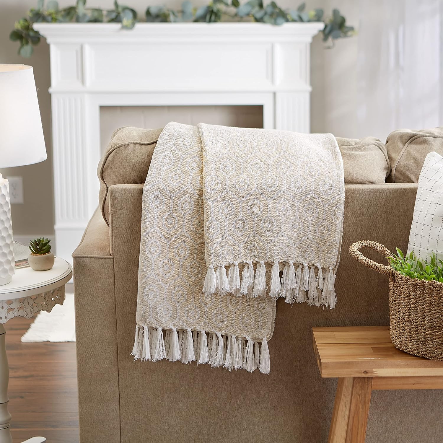 DII Modern Cotton Geometric Blanket Throw with Fringe for Chair, Couch, Picnic, Camping, Beach, & Keep Cozy with Everyday Use, 50X60, White