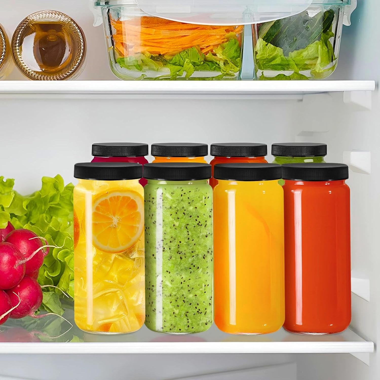 8 Pack Glass Juice Bottles, 16Oz Glass Bottles with Lids and Straws, 500Ml Smoothie Bottle, Reusable Drinking Jars Glasses for Water Milk Beverage Juice Container for Fridge Office Ggm image number 1