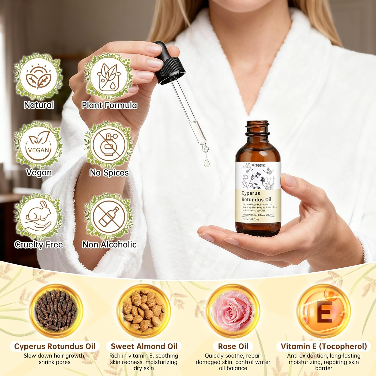 Cyperus Rotundus Hair Removal Oil with Sweet Almond & Rose Oil, Soothing & Moisturizing, Reducing Body Hair Growth, Soothe Redness, Shrink Pores, Suitable for All Skin Types, 60Ml image number 2