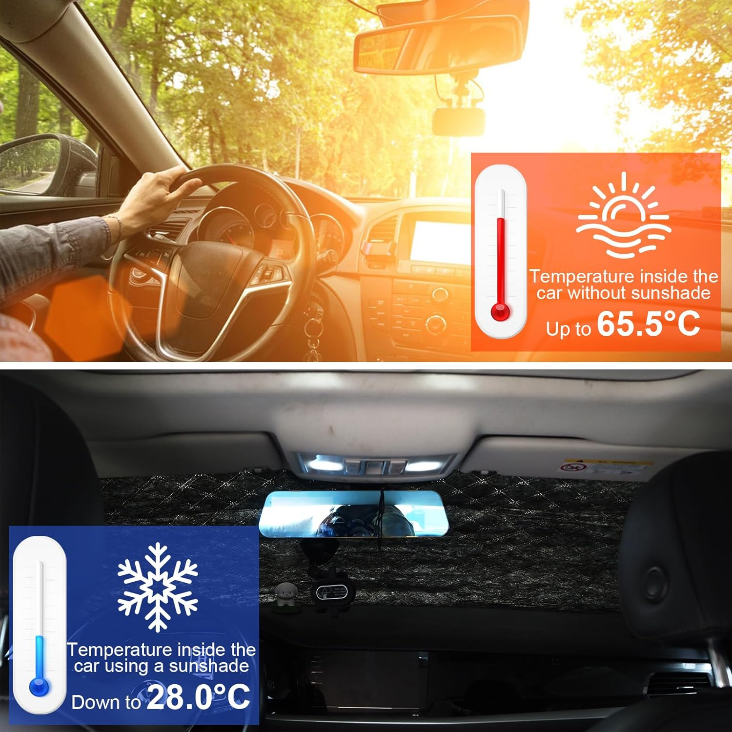 Car Windshield Sun Shade, 2024 Reflector Sunshade Cool Reflective Sun Blocker, Universal Foldable UV Ray Sun Visor Protector, Front/Side Blocking Sunlight & Heat Insulation Cover (Large for Suvs)