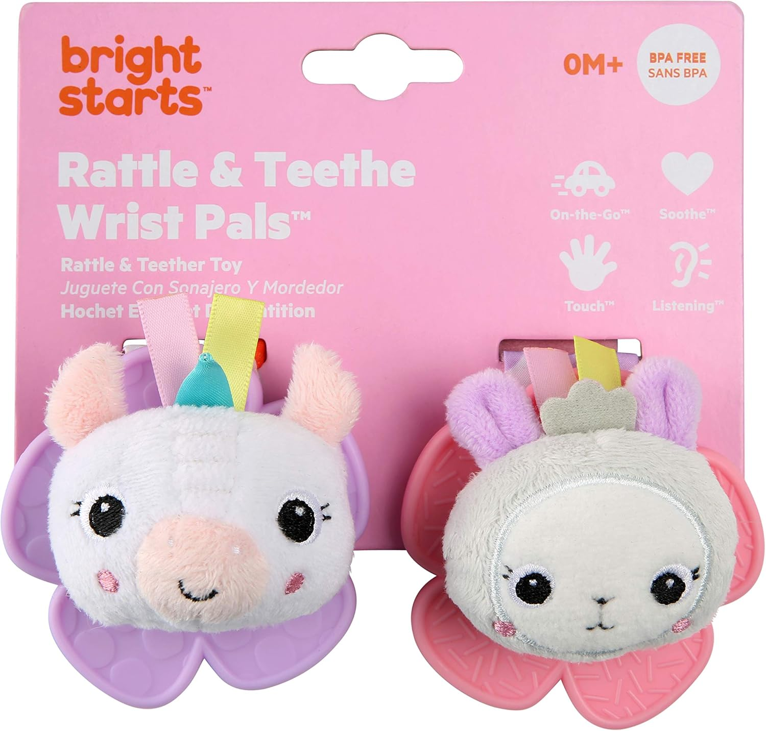 Bright Starts Rattle & Teethe Wrist Pals Toy, Unicorn & Llama, Newborn+, 2 Count image number 1
