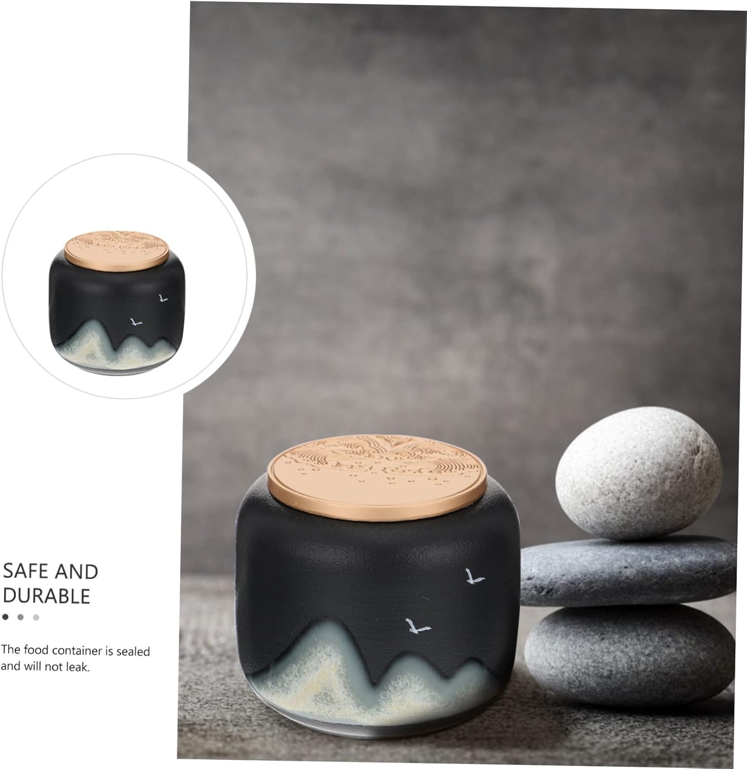 FUNOMOCYA Tea Storage Canister Airtight Black Ceramic Mini Portable Moisture-Proof Food Storage Jar for Home Kitchen Coffee Bean image number 2