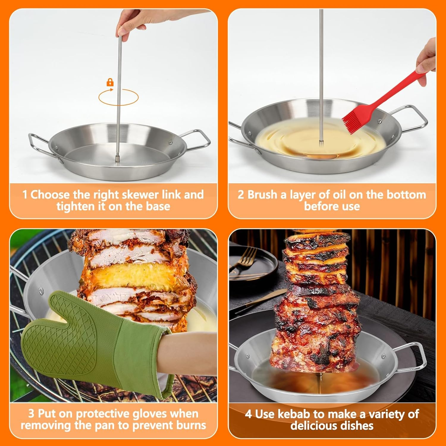 Al Pastor Skewer for Grill, Stainless Steel Vertical Skewer Shawarma Stand Vertical Spit with 3 Removable Spikes(8&rdquo;/10"/12&rdquo;) & Brushes Gyro Pan for Tacos, Kebabs Smoker,Bbq image number 5