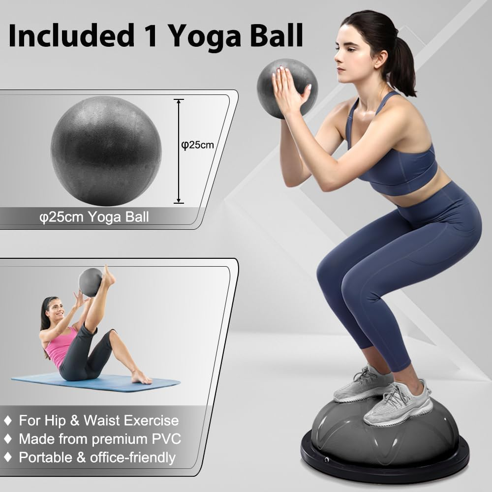 300KG Half Balance Ball Trainer,7Pcs Half Exercise Balance Ball Trainer Set with 2 Resistance Bands,Yoga Ball&Foot Pump,58Cm Stability Ball for Full Body Workout,Exercises,Home Gym,Physical Therapy - Black image number 4