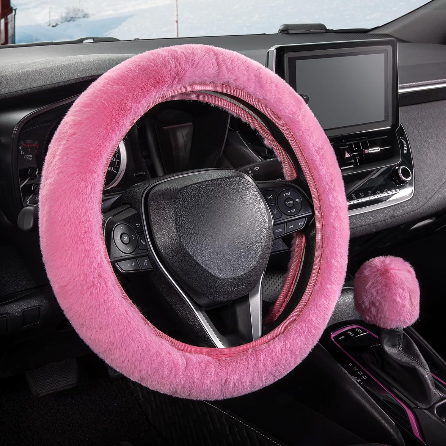 SEG Direct Fluffy Steering Wheel Cover and Fluffy Gear Lever Cover, Soft Warm Non-Slip Car Decoration for Women and Girls 2 Piece Set