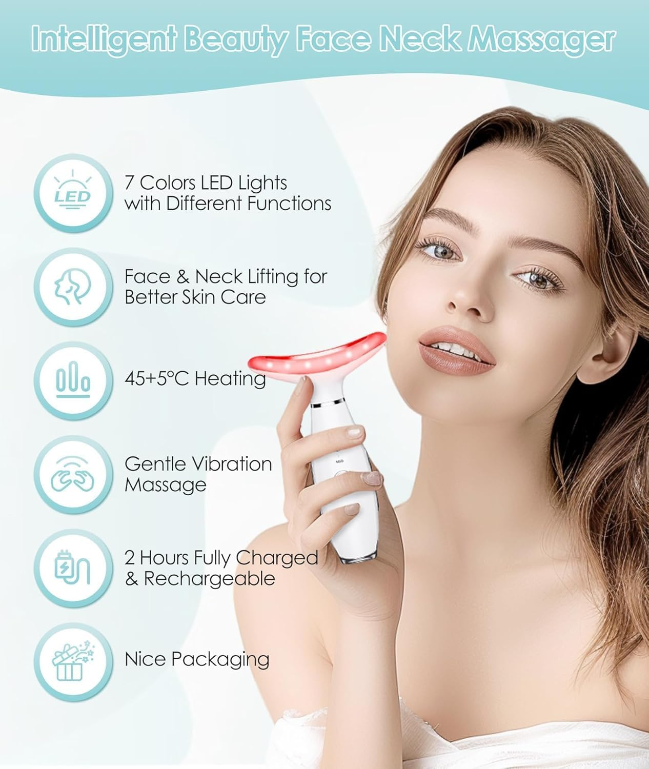 7 Color Neck Face Massager - Facial Massager Tool for Skin Care at Home, Vibrating Face Massager with Thermals, Galvanic Machines White image number 2