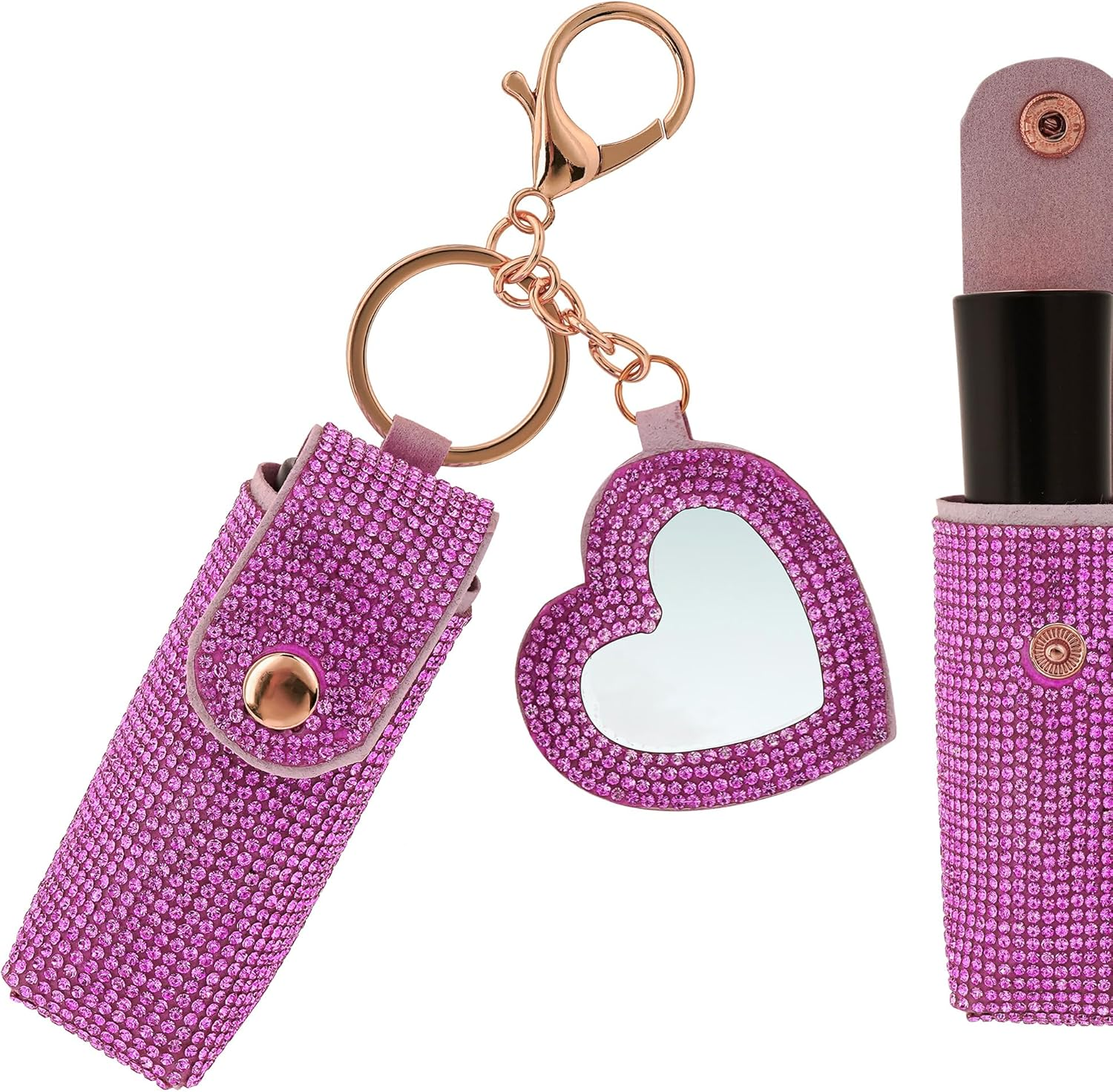 Biiange Lipstick Organizer Keychain, Rhinestone Lipstick Case with Mirror, Lip Balm Case, Lipstick Leather Holder Lip Gloss Bag for Outdoor, Party, Gathering, Home Storage, Rose Red image number 1